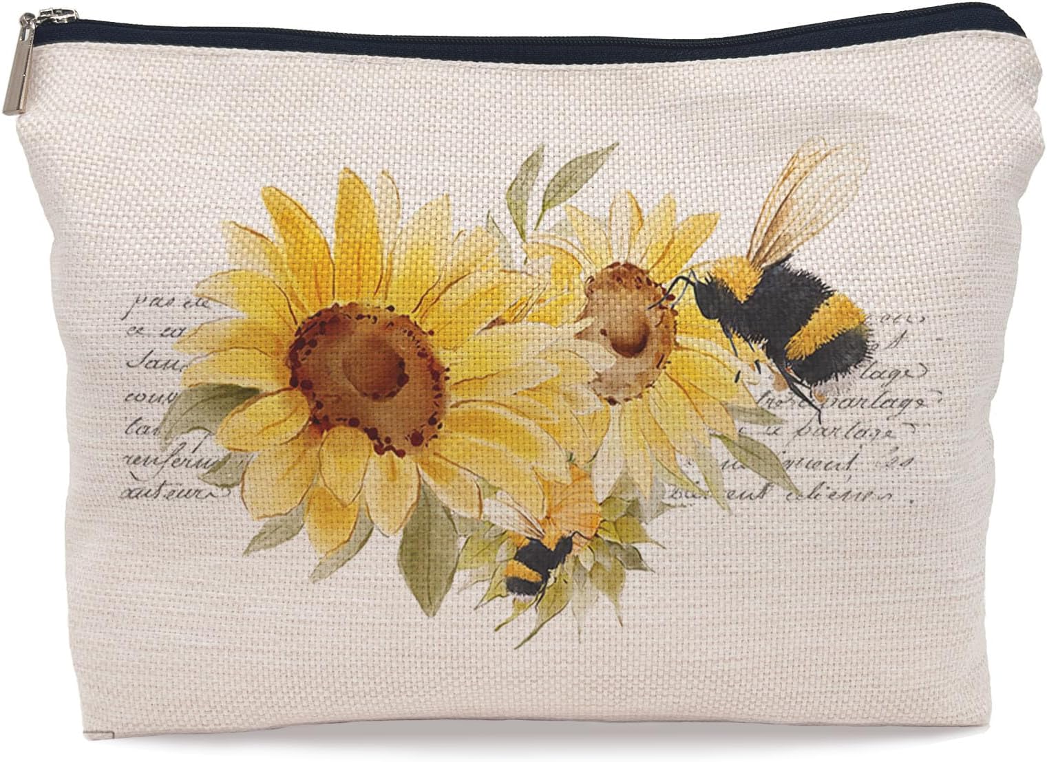 Watercolor Sunflower Bumblebee Makeup Bag, Summer Honey Bee Cosmetic Makeup Bag for Women, Bee Lovers Gifts