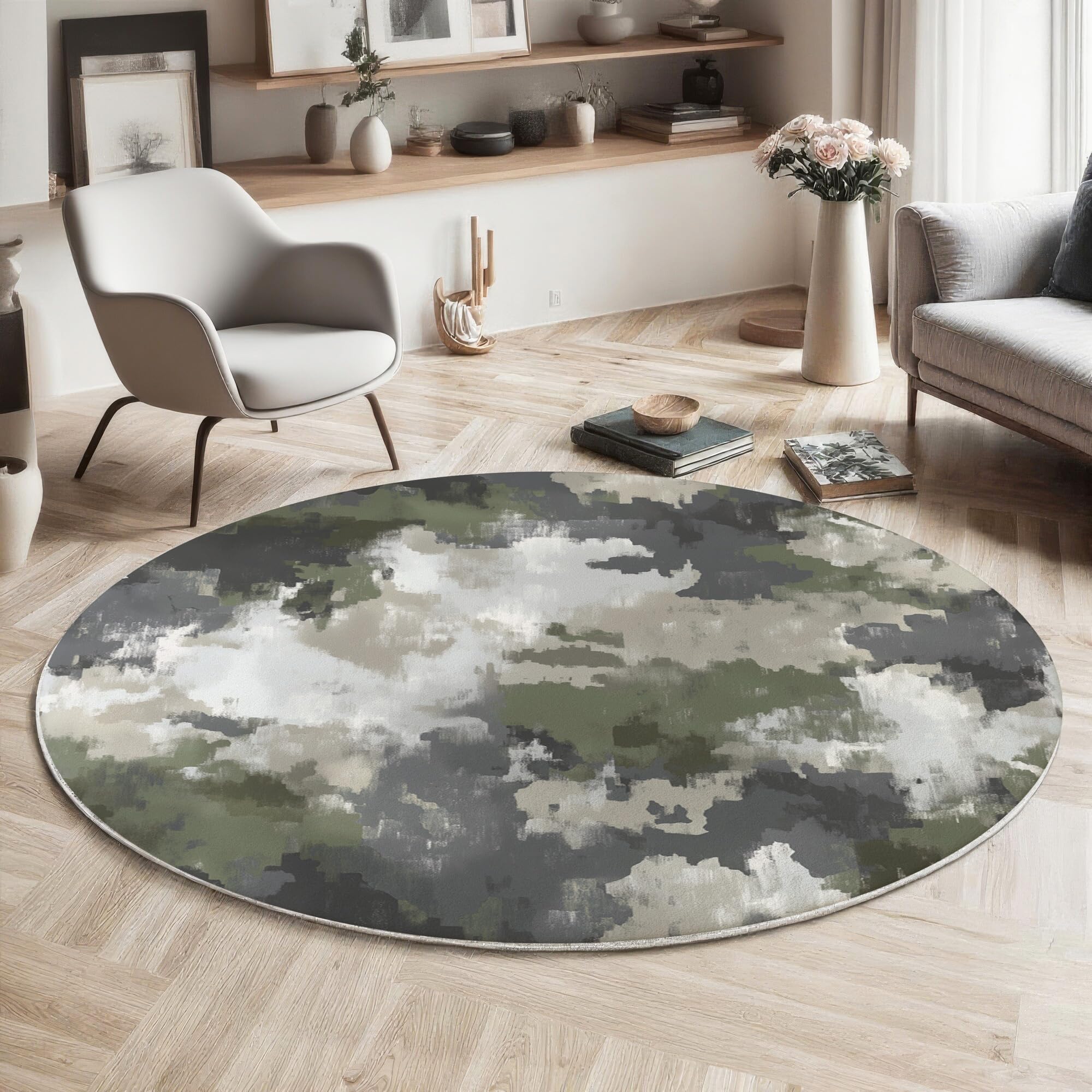 Tapis rond salon gris verdâtre ø 140cm au motif camouflage abstrait et moderne