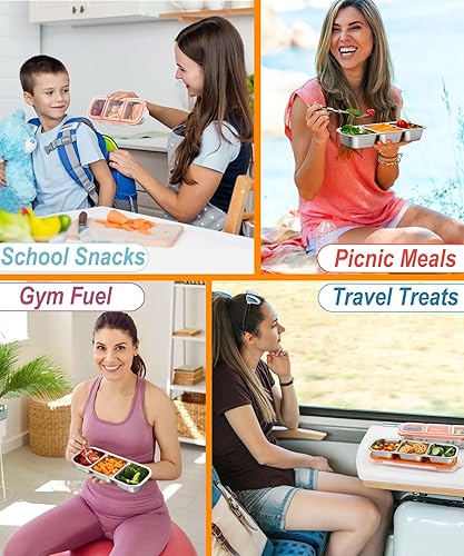 Miniatura 7 de KTKUDY Recipiente de acero inoxidable para niños y adultos  Fiambrera Bento de metal a prueba de puerros con 3 compartimentos  Contenedor de