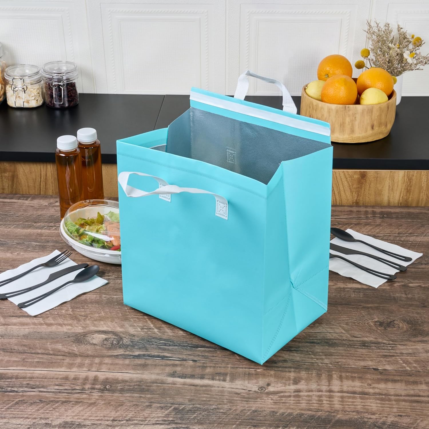 Restaurantware Insulated Delivery Bags 100 Count 11.811 x 7.874 x 12.598 Inches Nonwoven Take Out Bags For Food With Sturdy Handles, Teal Insulated Grocery Bags Tamper-Evident Foldable