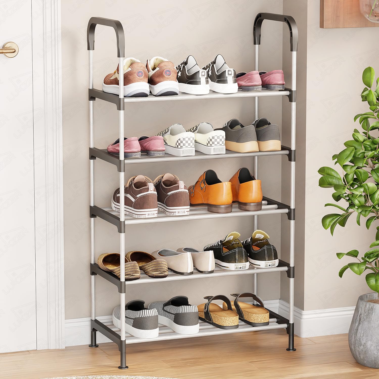 Lukzer MSR-005 5-Tier Shoe Rack Storage Organiser | Space-Saving Free-Standing Shoe Organizer | Sturdy Metal Plastic for Entryway, Front Door, Closet & Bedroom | Silver Shoe Shelf (104x58x28 cm)
