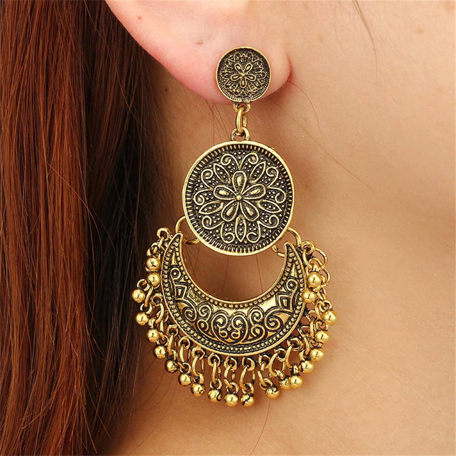 coadipress Boho Round Chandelier Earrings for Women Dainty Bohemian Bali Vintage Chandelier Indian Earrings Disc Flower Crescent Moon Beaded Tassel Drop Earrings Boho Jewelry Gifts - Image 4