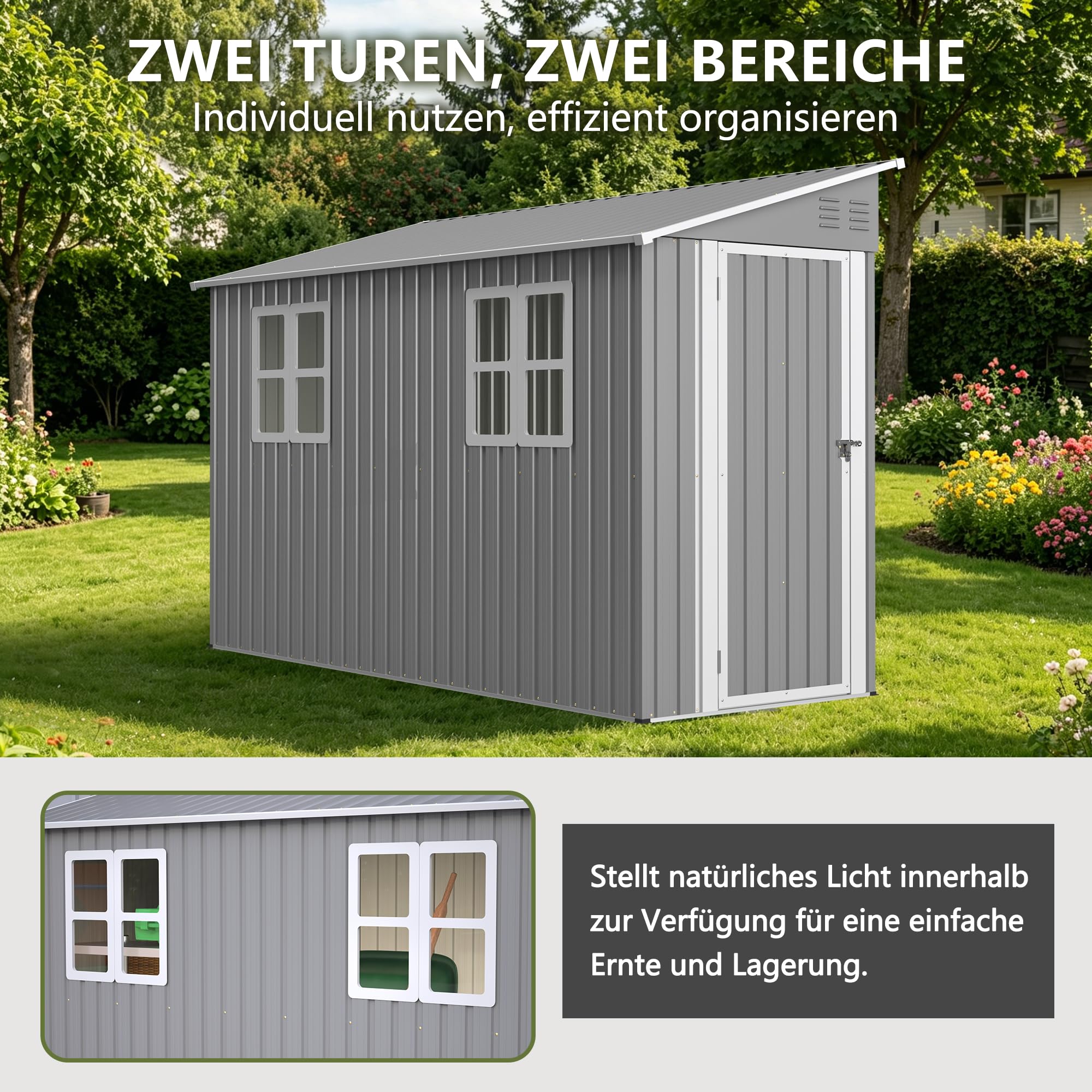 Stabiles Metall Gartenhaus – 1,2x3 m Geräteschuppen mit Stahlrahmen, wetterfest & sicher, Grau (Grey, 291x110.8x188.6 cm)