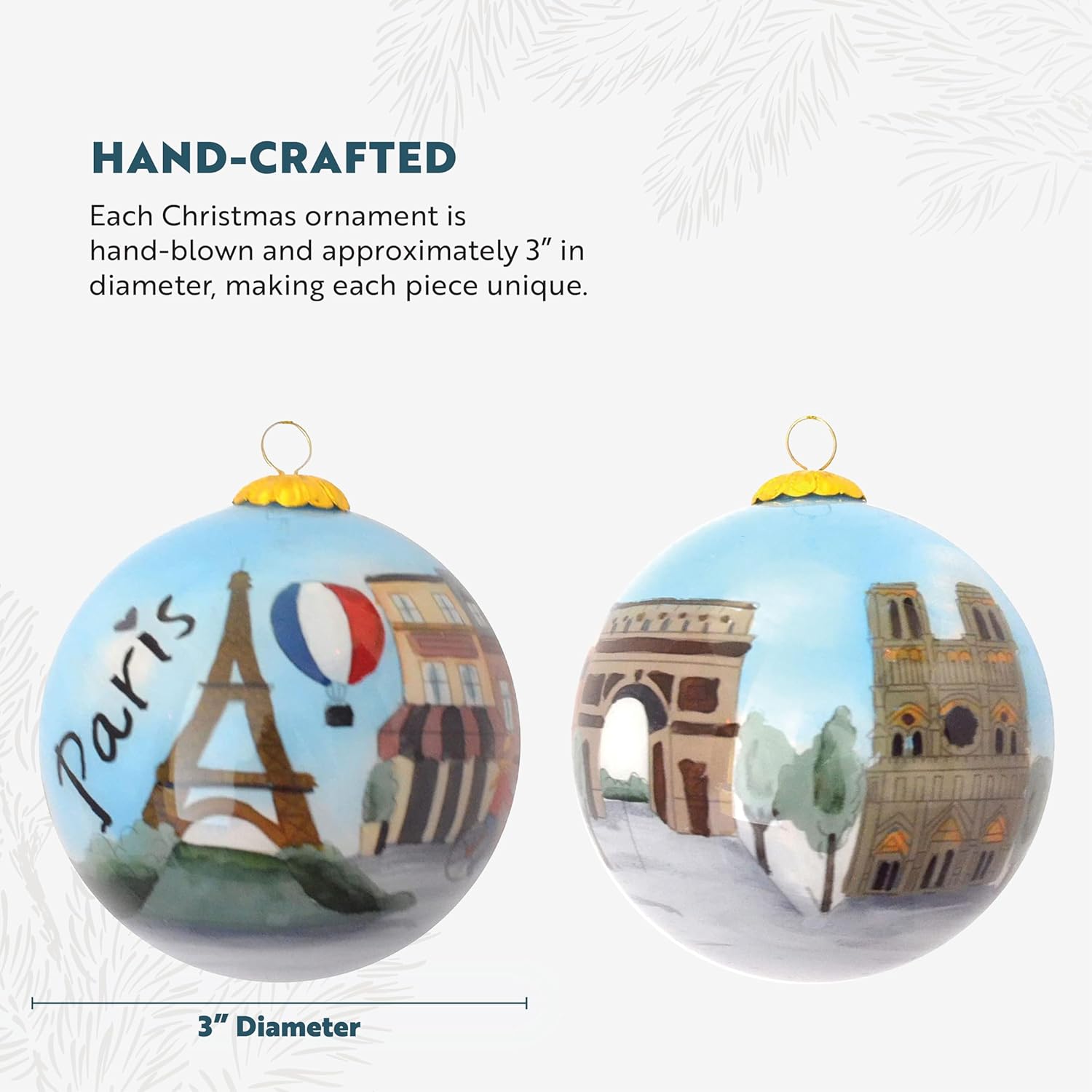 Hand Painted Glass Christmas Tree Ornament, Paris France Landmarks, 3" Handcrafted Blown Glass Ball, Eiffel Tower, Arc de Triomphe Notre Dame, Gift Box Included