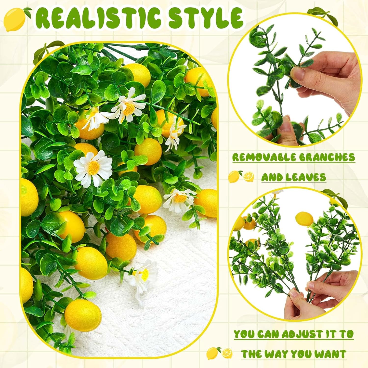 10 Pack Artificial Lemon Branches Decoration Fake Lemon Stems with Green Leaves and Daisies for Farmhouse Home Wedding Birthday Table Centerpiece & Party Arrangement