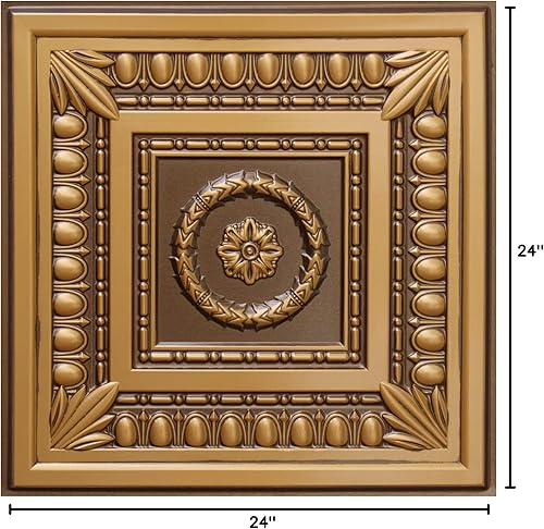 Miniatura 7 de Dundee Deco Rustic Botanical Antique Gold Glue Up or Lay in, PVC 3D Decorative Ceiling Panel, 2 ft X 2 ft (60cm X 60cm), 4 sq ft (0.37 sq m) Each,
