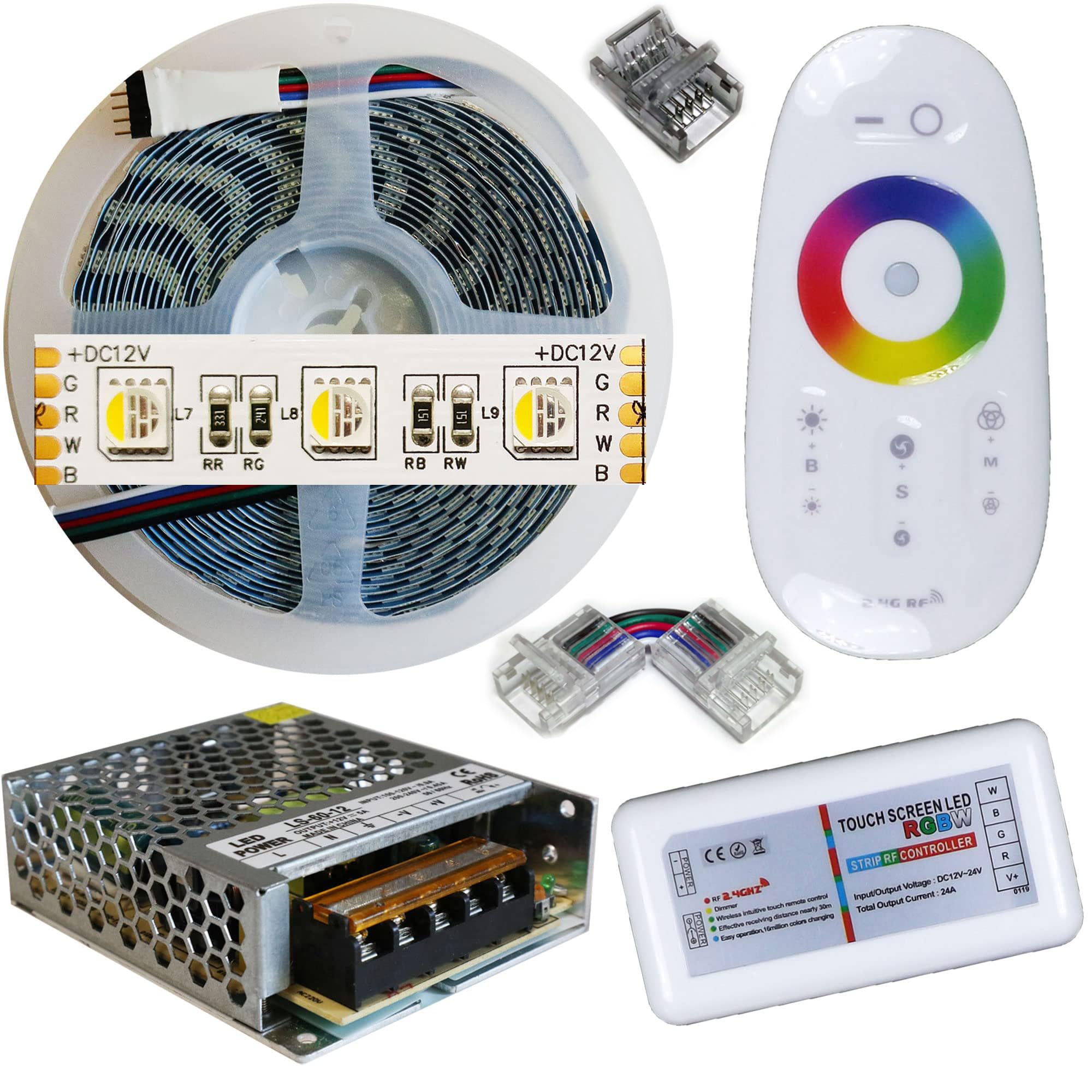 RGB+Bianco Freddo 4in1. Kit da 5 Metri con 1 Trasformatore da 60W 12V e 1 Controller 2,4Ghz. Con 300 Led RGB+W sviluppa 2500+2500 Lumen. Striscia RGBW Ip20