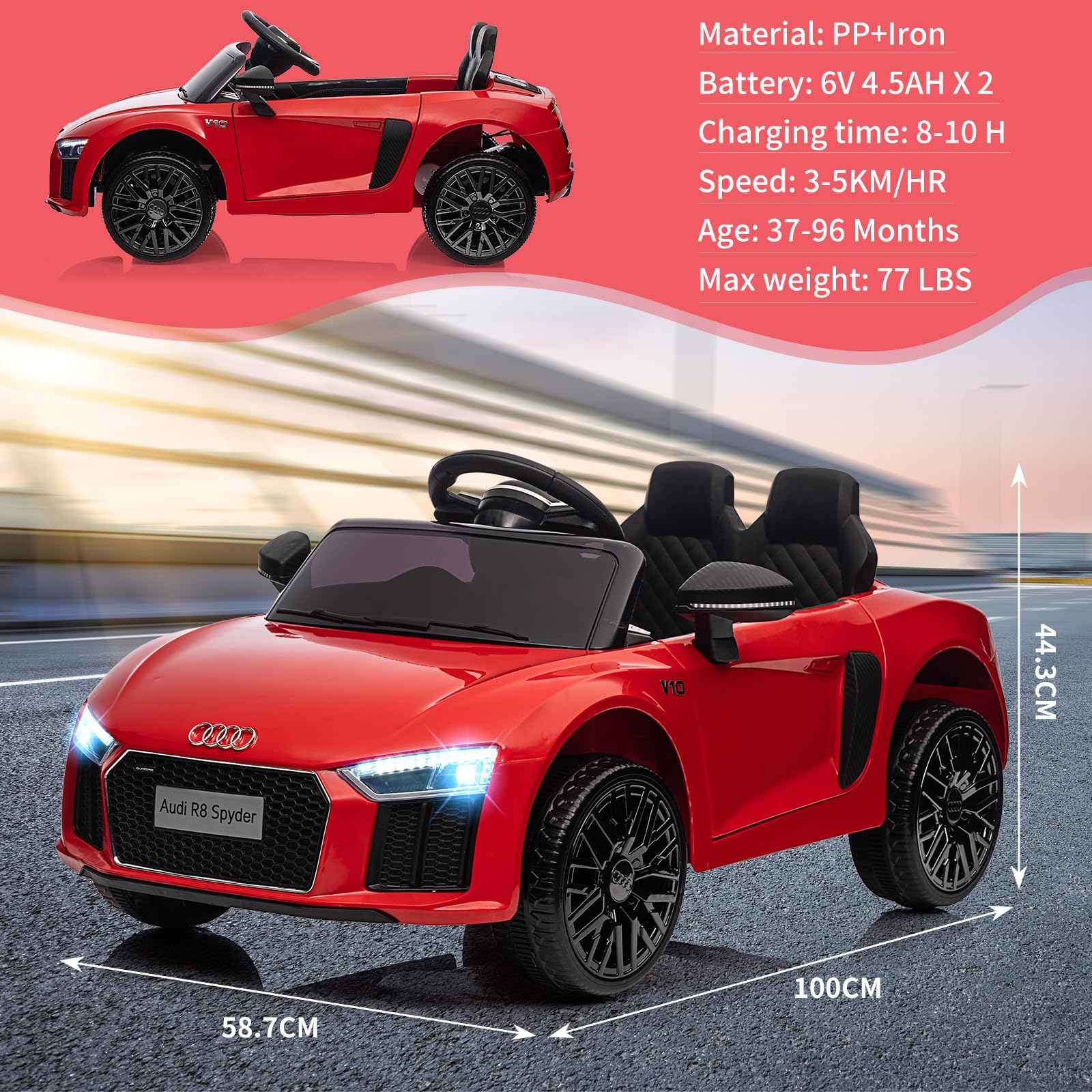 Audi Kinder-Sportwagen Kinder Elektroauto 12V – Offiziell Lizenziertes Kinderfahrzeug mit Fernbedienung, LED-Scheinwerfern, Hupe, Musik, Sicherheitsgurt, Sanftanlauf, Federung, Akku – Für