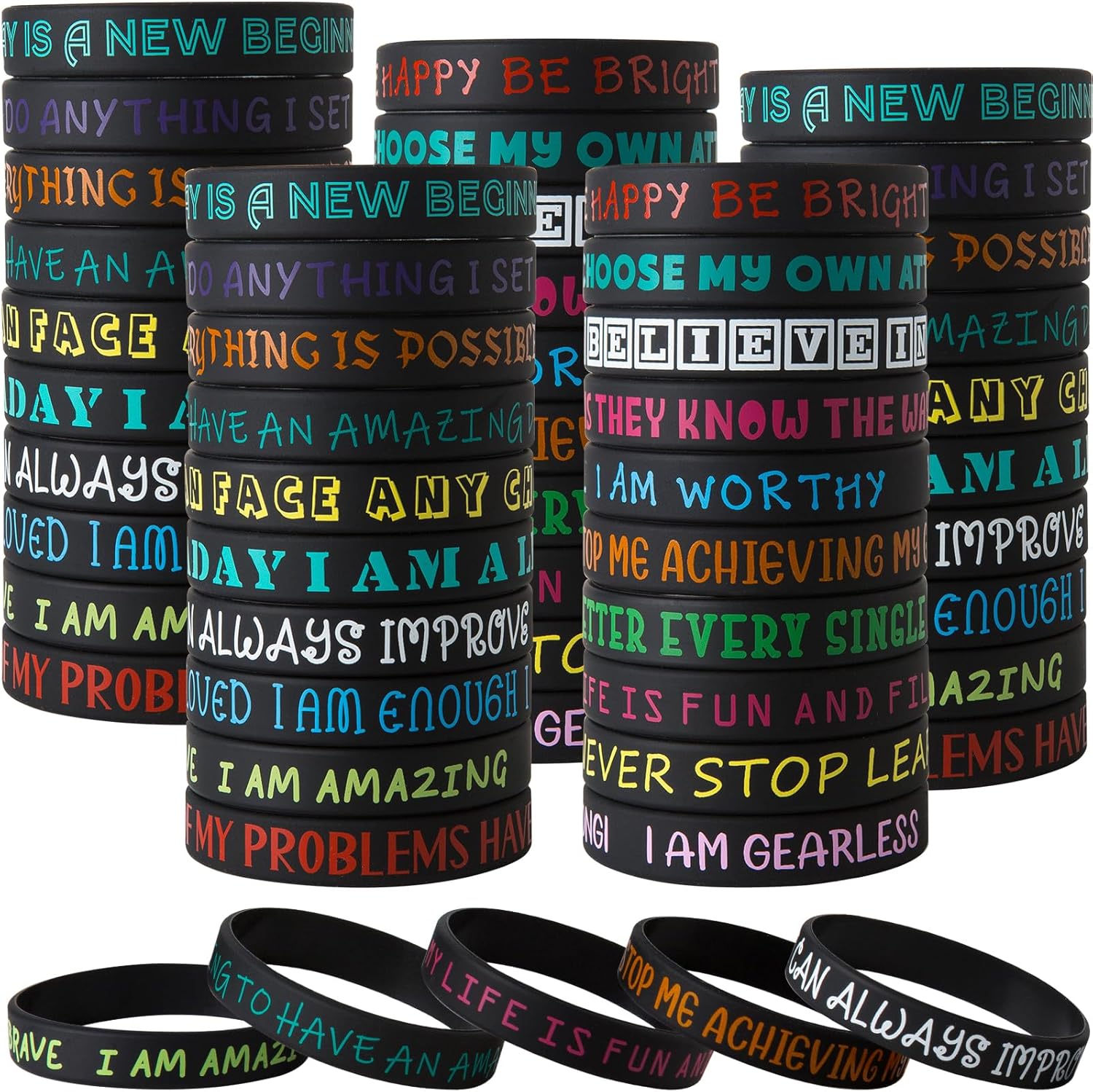 QEERBSIN 100 Pieces Inspirational Quote Wristbands -Bulk Pack Colored Motivational Bracelets- Stretch Unisex Wristbands for Men Women Teen Gifts, Party Favors,20 Styles