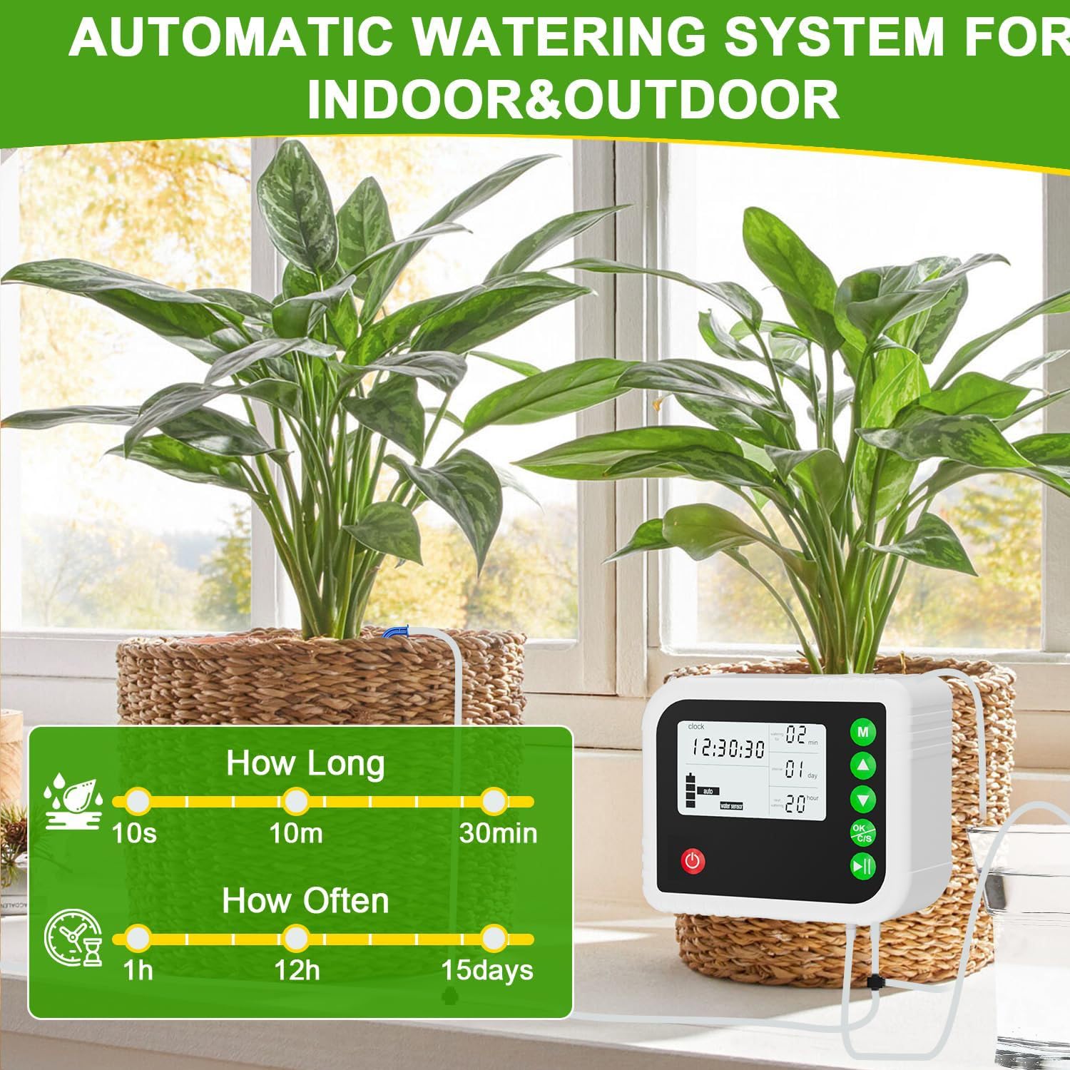 Ulepszony zestaw do automatycznego nawadniania kropelkowego, 15 wsporników roślin doniczkowych, system samonawadnienia 400 ml/min, programowalny timer, regulacja czasu 1-15 dni, wewnętrzny