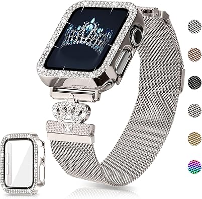 Magnetic Band Compatible with Apple Watch 38mm 40mm 41mm 42mm 44mm 45mm 46mm Stainless Steel Metal Strap with Bling Case and Built-in Screen Protector, Dressy Milanese Loop iWatch Bands for Women