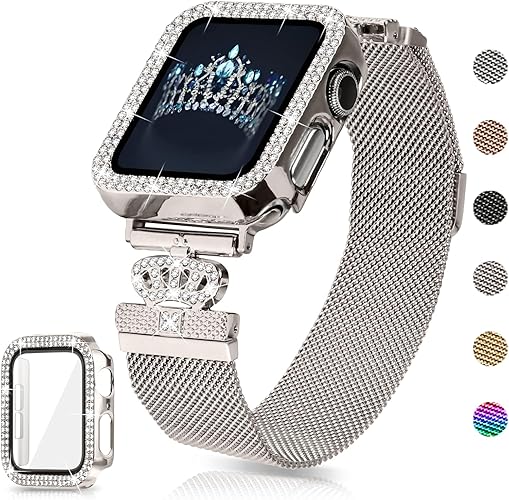 Magnetic Band Compatible with Apple Watch 38mm 40mm 41mm 42mm 44mm 45mm 46mm Stainless Steel Metal Strap with Bling Case and Built-in Screen Protector, Dressy Milanese Loop iWatch Bands for Women