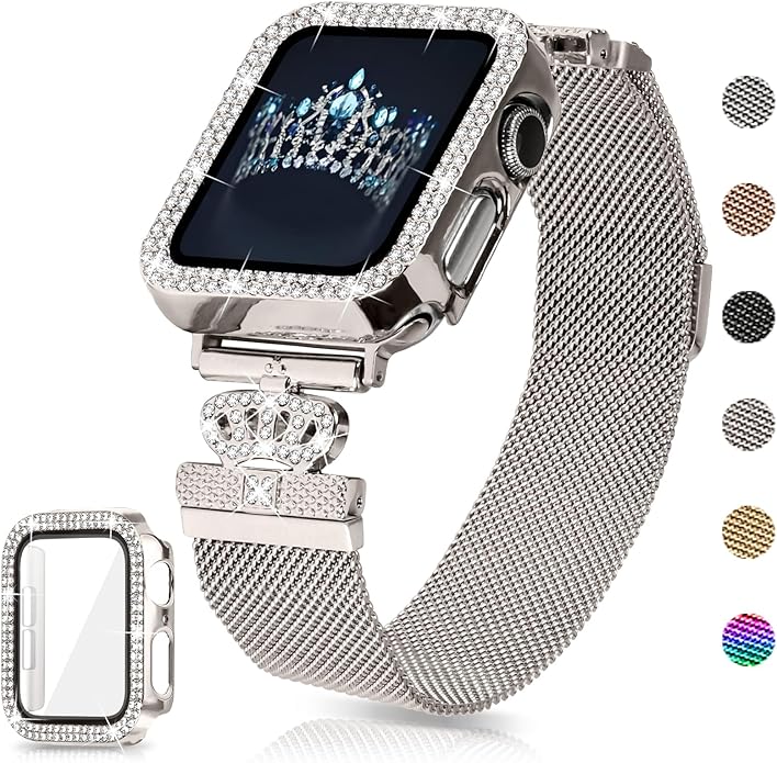 Magnetic Band Compatible with Apple Watch 38mm 40mm 41mm 42mm 44mm 45mm 46mm Stainless Steel Metal Strap with Bling Case and Built-in Screen Protector, Dressy Milanese Loop iWatch Bands for Women