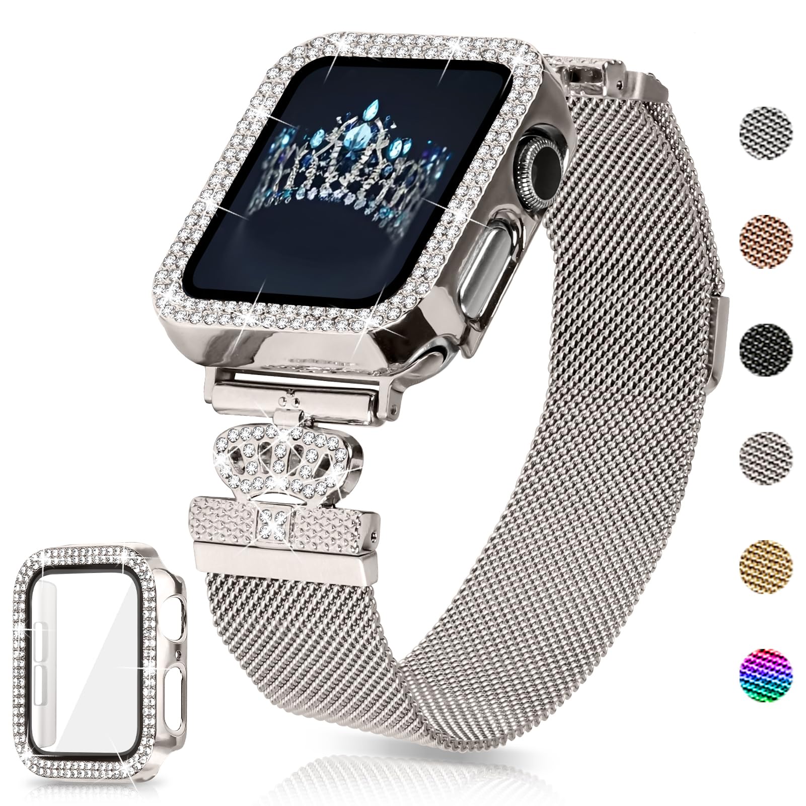 Youthrun Magnetic Band Compatible with Apple Watch 38mm 40mm 41mm 42mm 44mm 45mm 46mm Stainless Steel Metal Strap with Bling Case and Built-in Screen