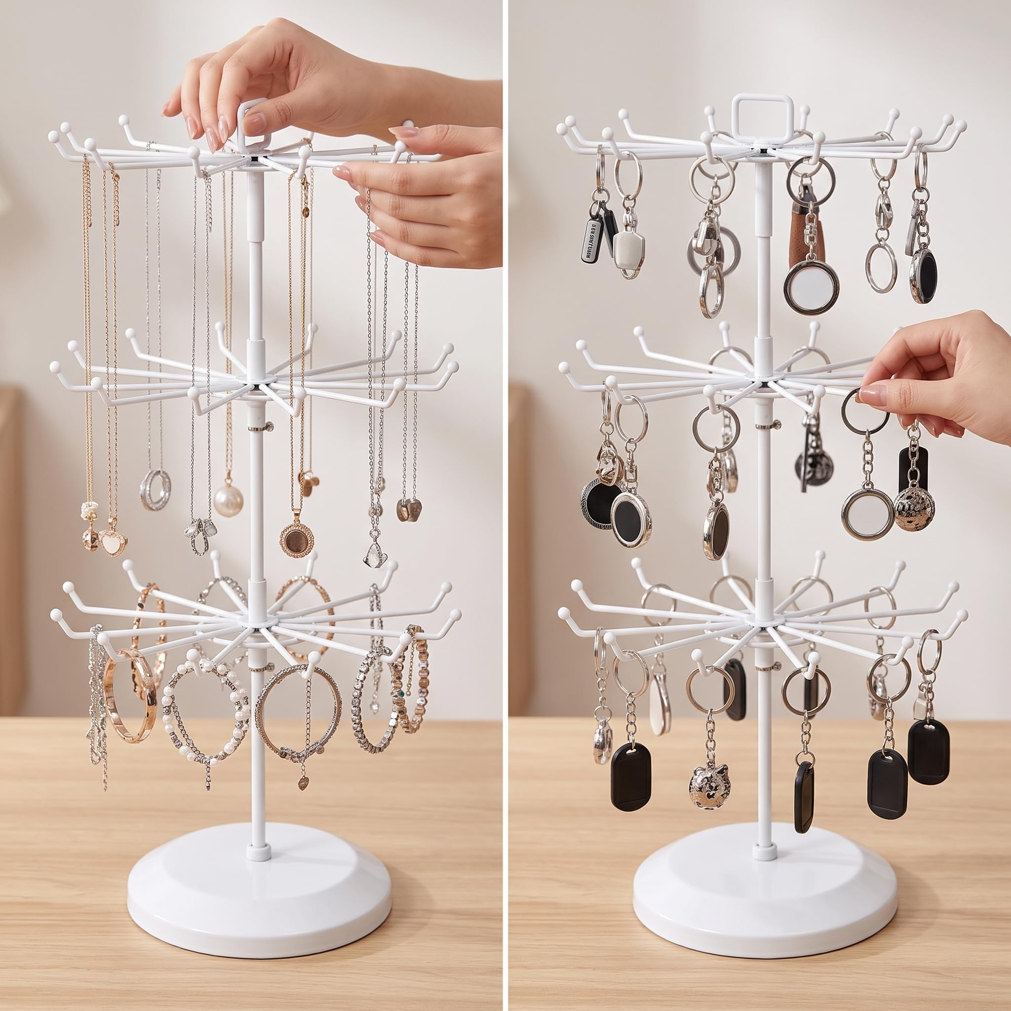 Espositore Rotante Porta Gioielli Supporto Stand Girevole con Ganci in Ferro Base Stabile per Collane Bracciali, Bianco, 3 strati, 36 ganci, altezza totale 46 cm