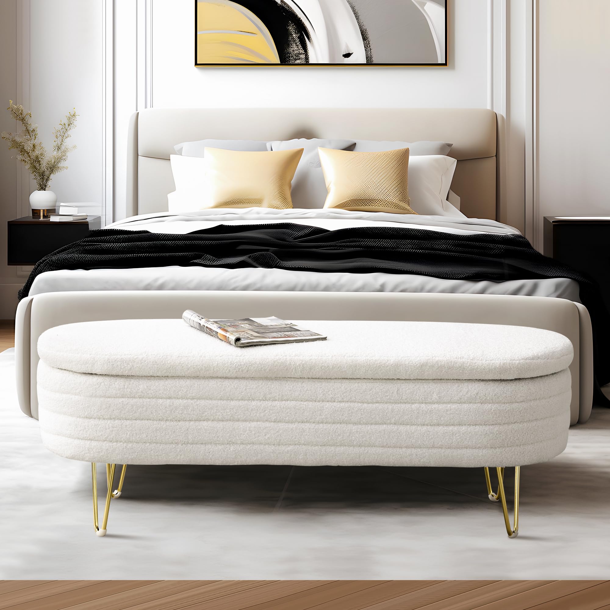 NicBex Oval Storage Bench with Gold Legs Teddy Fabric Upholstered Ottoman Storage Benches for Bedroom End of Bed Sherpa Fabric Bench for Living Room, Dining Room, Entryway, Bed Side, Beige