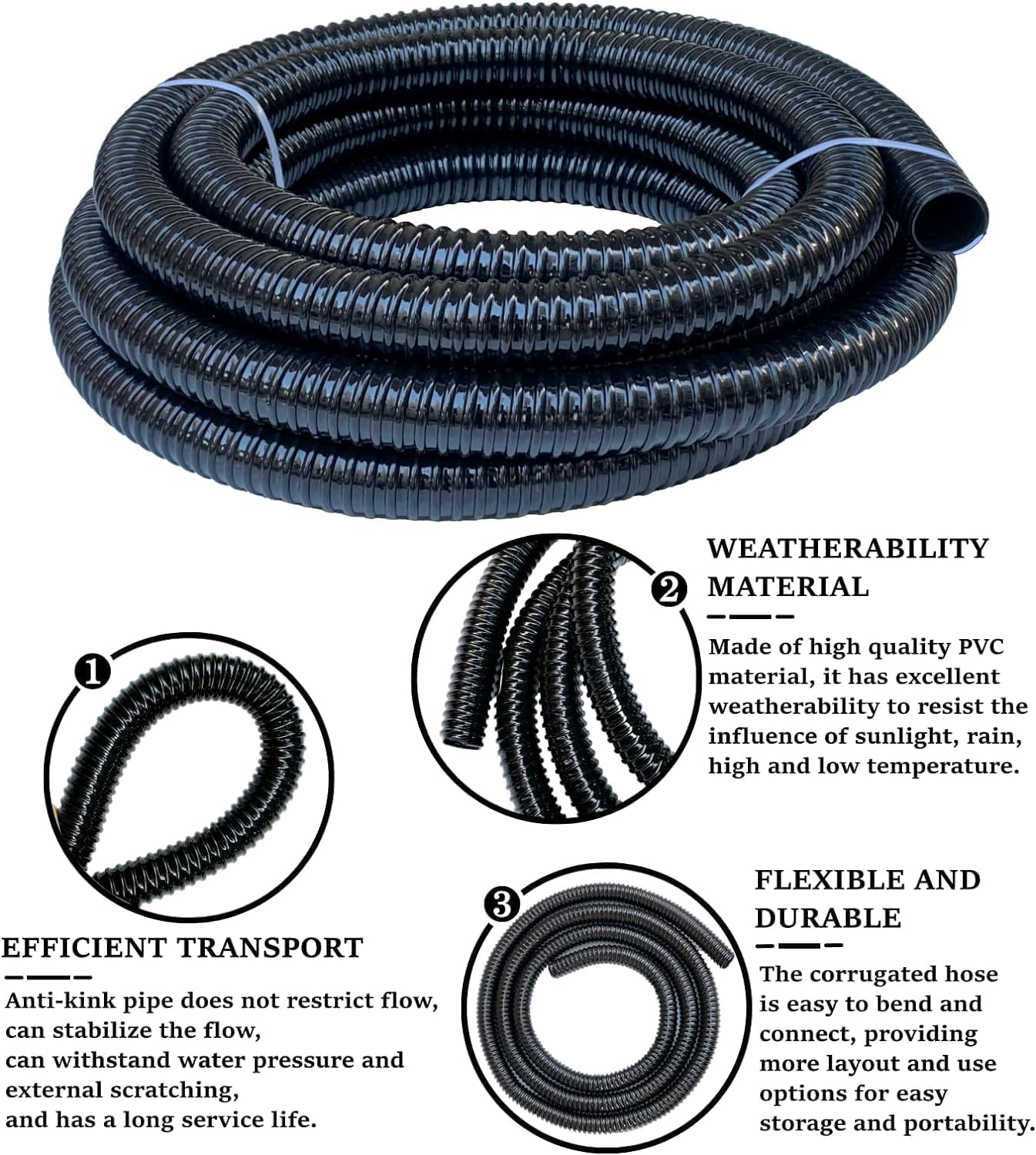 Corrugated Flexible Pond Tubing 1.5 Inch x 10 Feet with Clamps PVC Sump Pump Discharge Water Hose for Garden Ponds Waterfalls Camping Caravans Filters