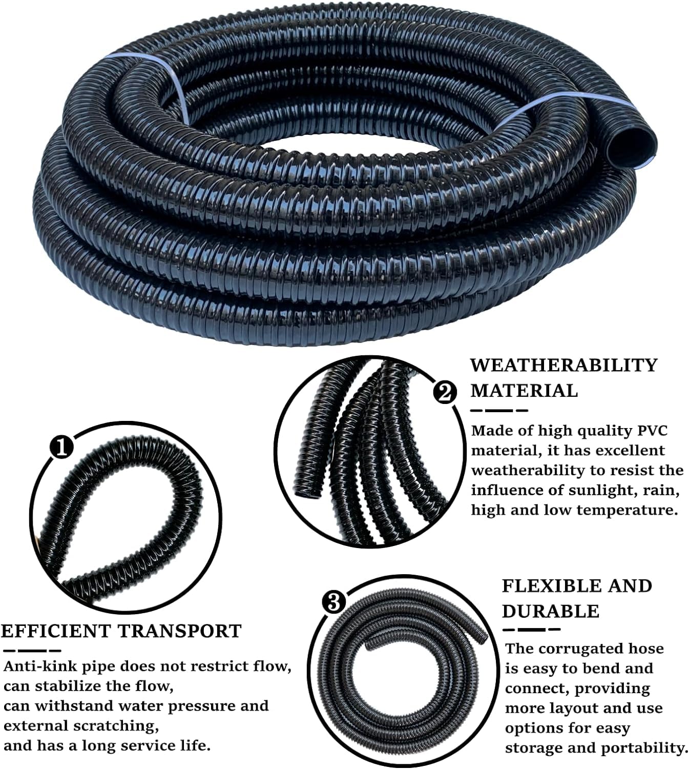 Tubo flexible corrugado de 1.5 pulgadas x 10 pies con abrazaderas, bomba de sumidero de PVC, manguera de descarga de agua para estanques de jardín, cascadas, camping, caravanas, filtros