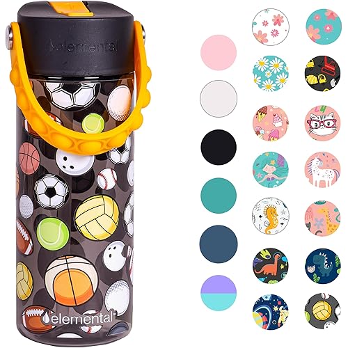 Elemental Splash Kids Water Bottle with Straw Lid & Fidget Popper Handle, Leak-Proof When Closed, 18oz Durable BPA Free Tritan Plastic Water Bottle Dishwasher Safe for Girls and Boys - Sports Ball