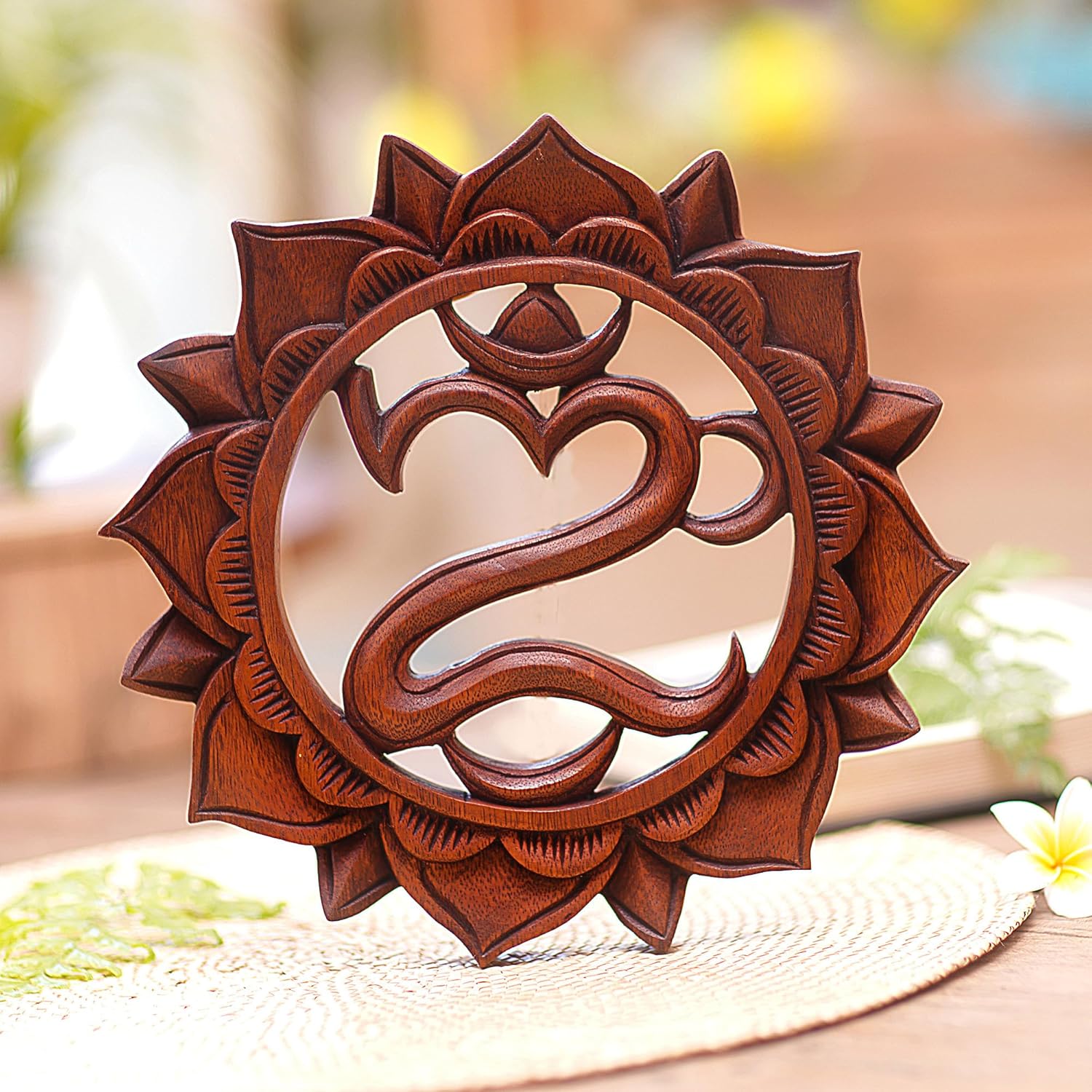 NOVICA Buddhism Wood Relief Panel Wall Sculpture, Brown, Lotus Omkara'