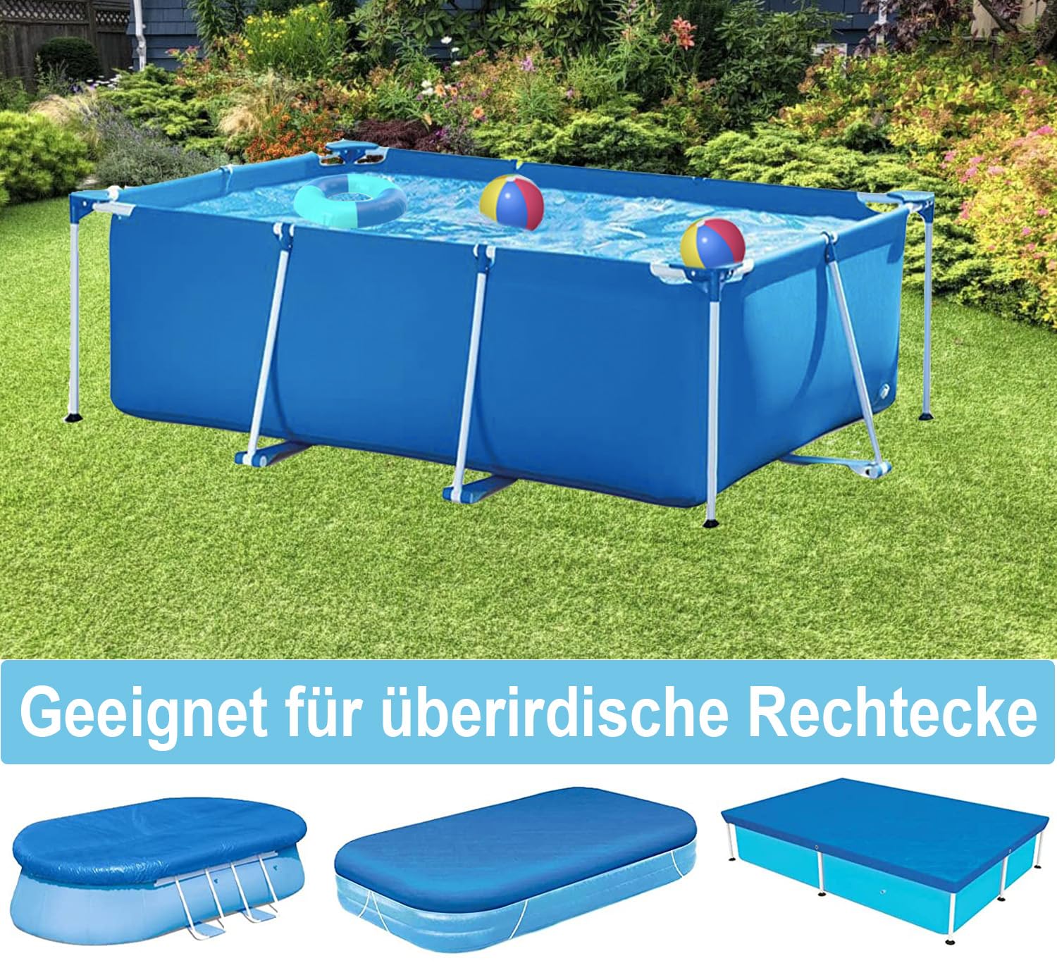 Cubiertas de piscina para piscina de 221 x 150 cm, lona solar para piscina de metal y marco prisma, lona protectora de polietileno, impermeable y resistente al polvo