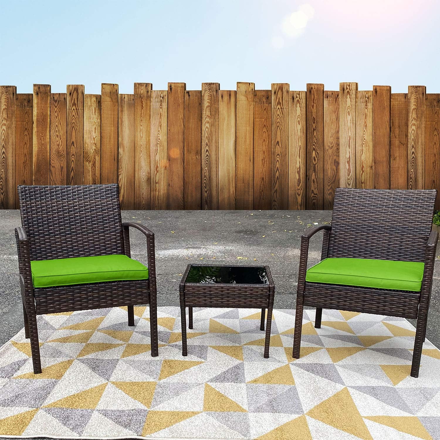Pyramid Home Decor Nista Patio Bistro Set 3-Piece Outdoor Furniture - Modern Rattan Garden, Backyard and Balcony Chair with Thick Cushions and Glass Top Coffee Table (Green) : Patio, Lawn & Garden