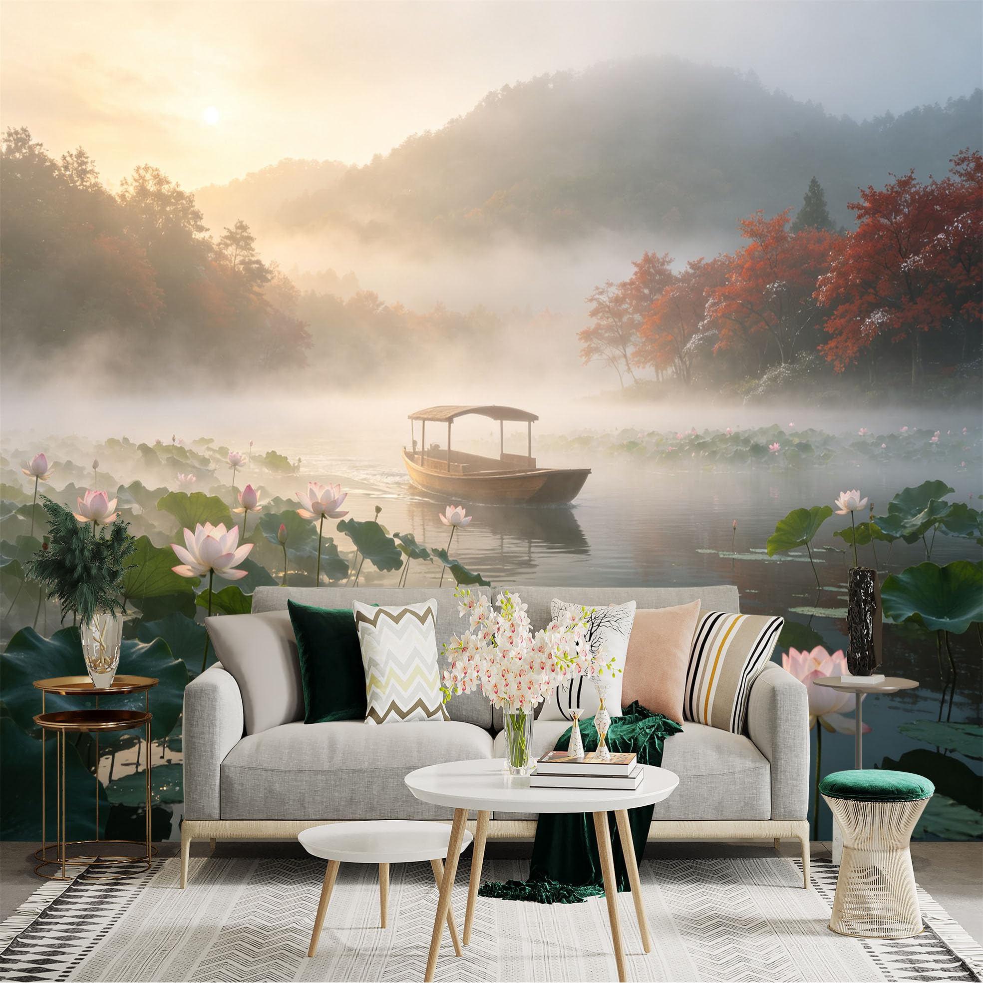 Custom Size Wall Sticker Mural， Misty Lake with Traditional Boat， Pink Lotus Flowers and Autumn Forest， for wall Decoration， peelandstick wall Decals.