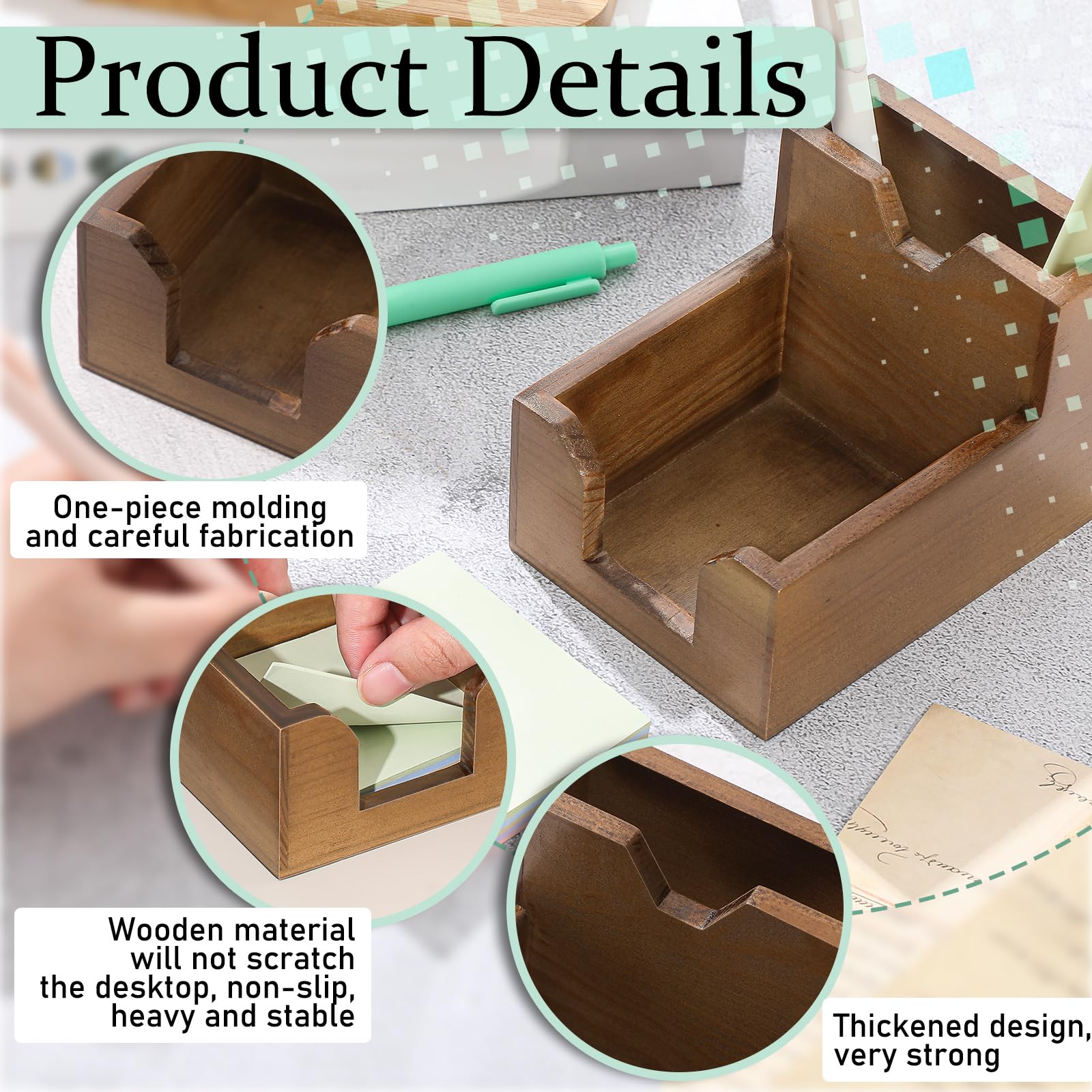 Crtiin Lot de 2 porte-notes adhésives en bois de couleur noyer 2 en 1 avec 200 feuilles de notes adhésives de 7,6 x 7,6 cm, organiseur de bureau élégant pour bureau, maison, école, dortoir