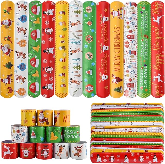 Christmas Slap Bracelets Slap Xmas Snap Bracelet Party Favors Toys Slap Bands Assorted Christmas Theme Pattern for Christmas Party Favors 48PCS