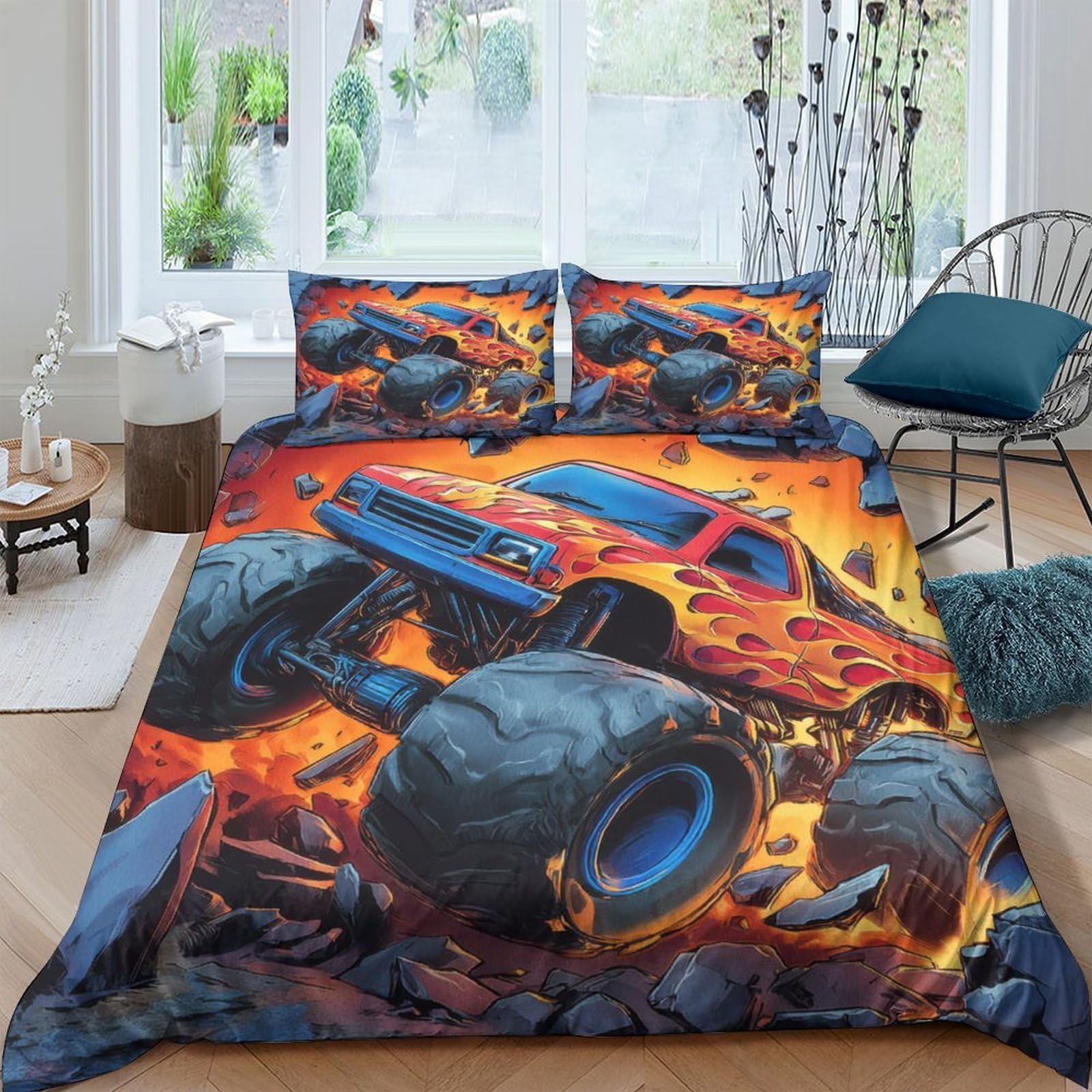 Ctjqhvkz Style-9 3D Printed Red Monster Truck Fitted Sheet Microfiber Soft Breathable Flames Bed Cover For Bedroom Dorm Room Decor Single（135X200cm）