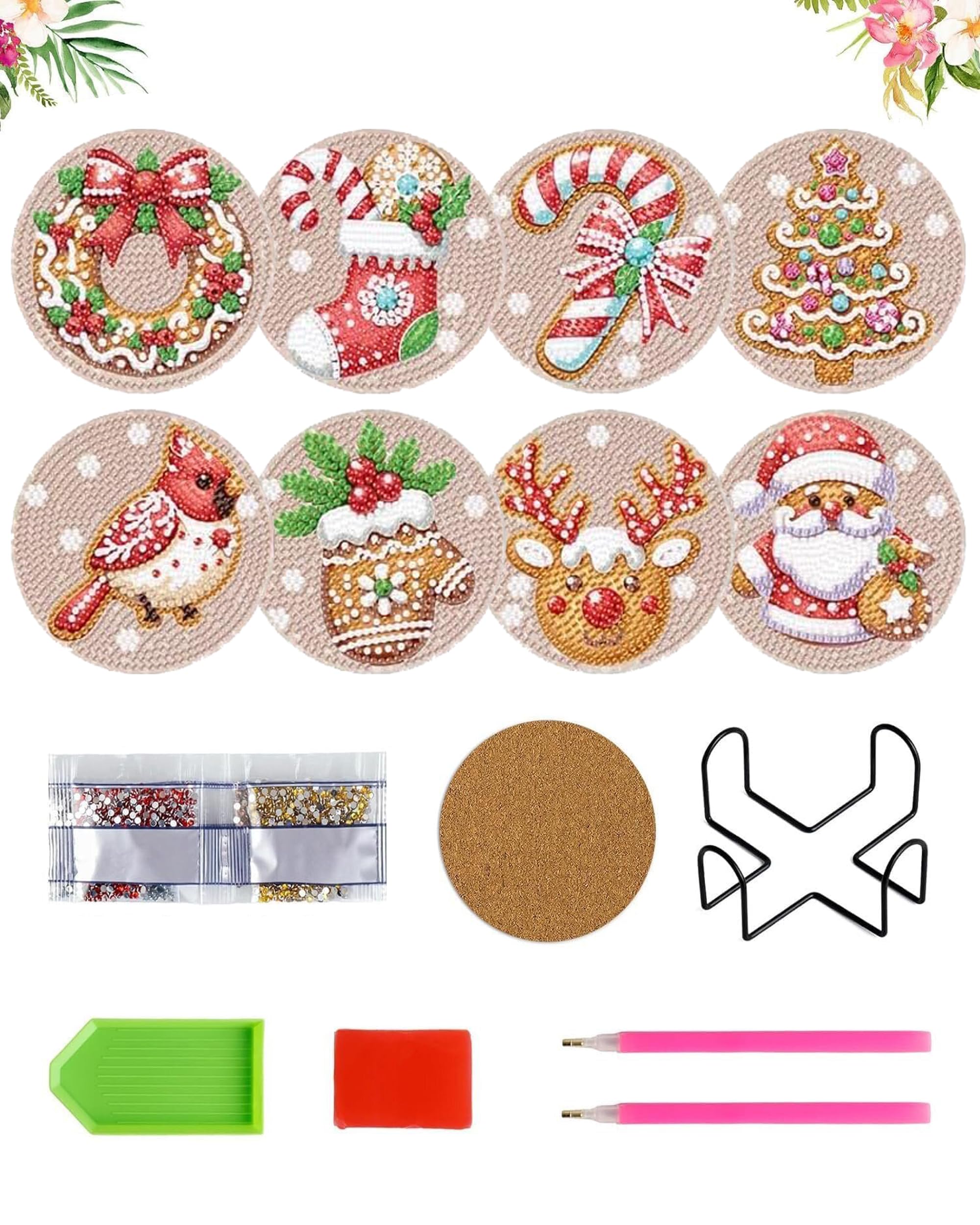 Mzinge Color 8 Pcs Christmas Diamond Art Coasters, 5D Diy Diamond Painting Coasters Kit, Full Drill Dot For Adults Arts And Crafts Supplies.