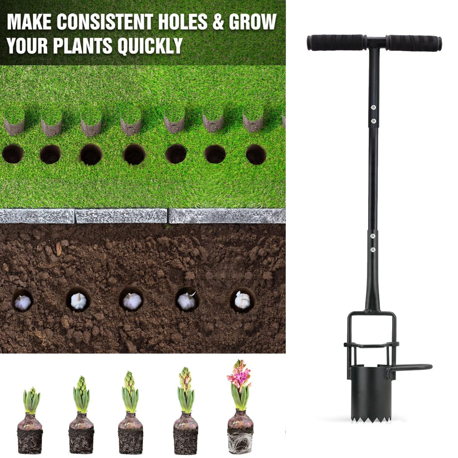 Plantoir de bulbes à long manche - Outil de Jardin en Acier Carbone pour Planter Tulipes, Iris, Jacinthes - Pédale Anti-Dérapante & Bord Dentelé - Plantoir, Aérateur et Transplantoir 3 en 1