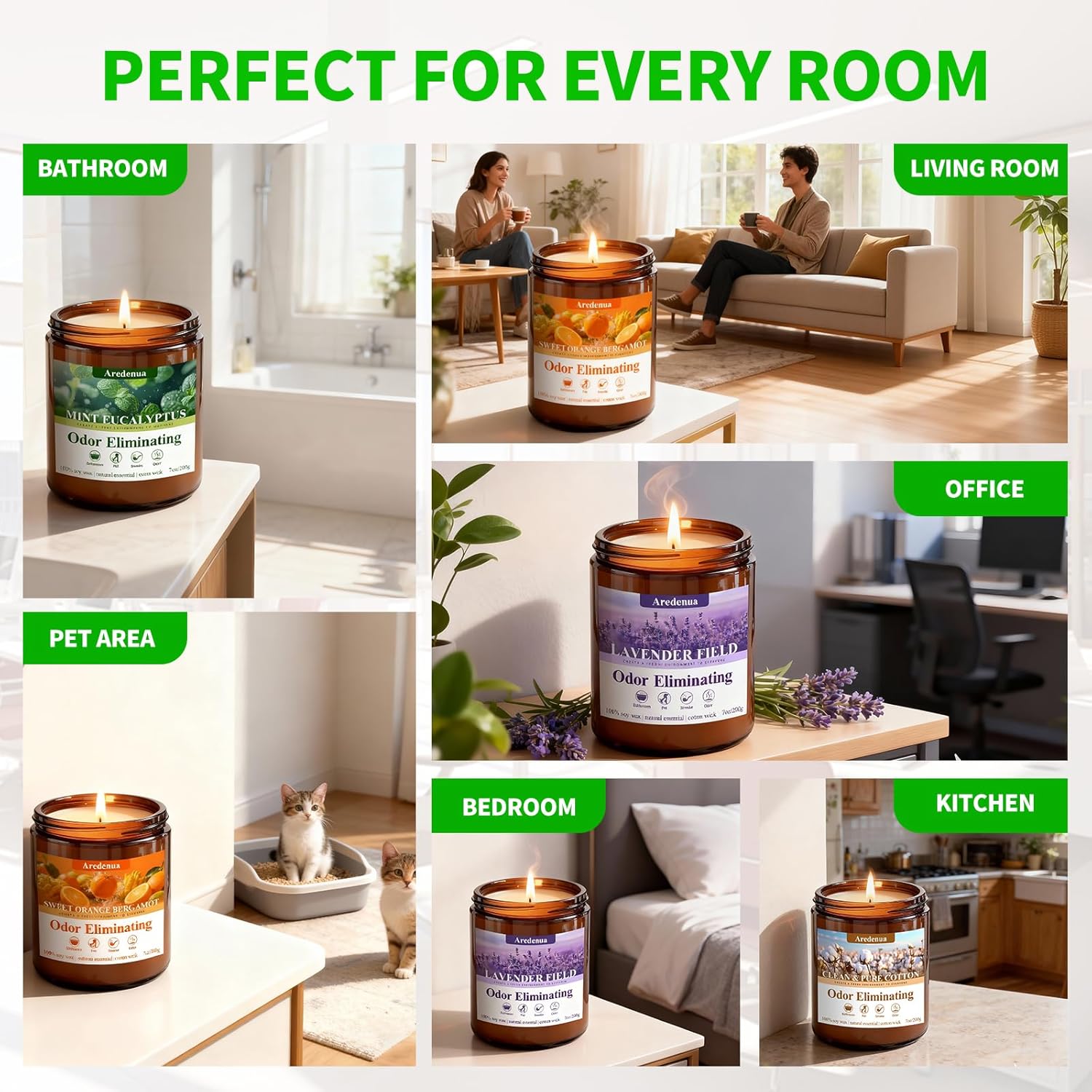 4 Pack Odor Eliminating Candles Set - Eliminates 95% of Pet, Bathroom, Food & Other Smells - Hand Poured Non-Toxic Soy Candle, Air Freshing Scent of Lavender/Orange/Mint/Cotton - Gifts Set for Women - Image 7