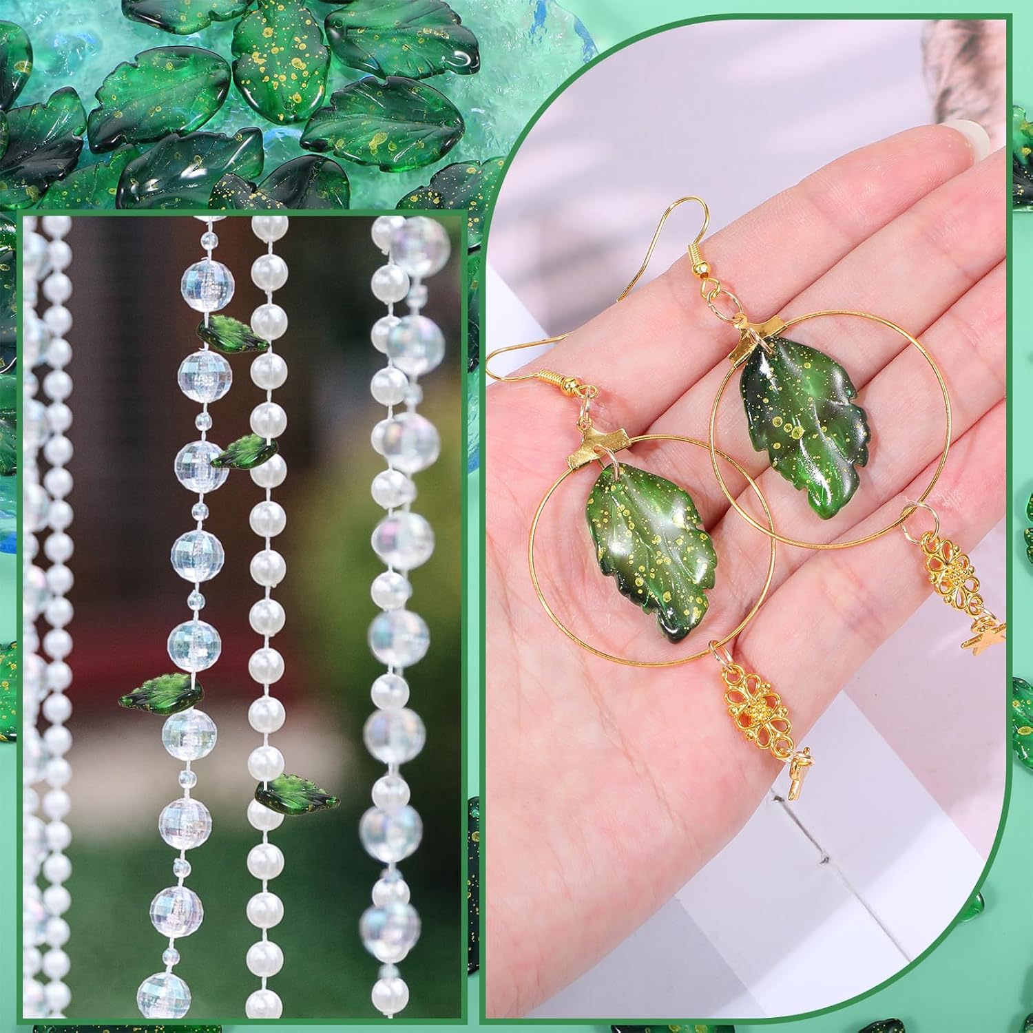 TIESOME 50Pcs Green Glass Leaf Beads, Crystal Leaf Pendant Charms Translucent Czech Glass Beads for DIY Jewelry Making Craft Bracelets Necklaces Keychains Wind Chimes - Image 6