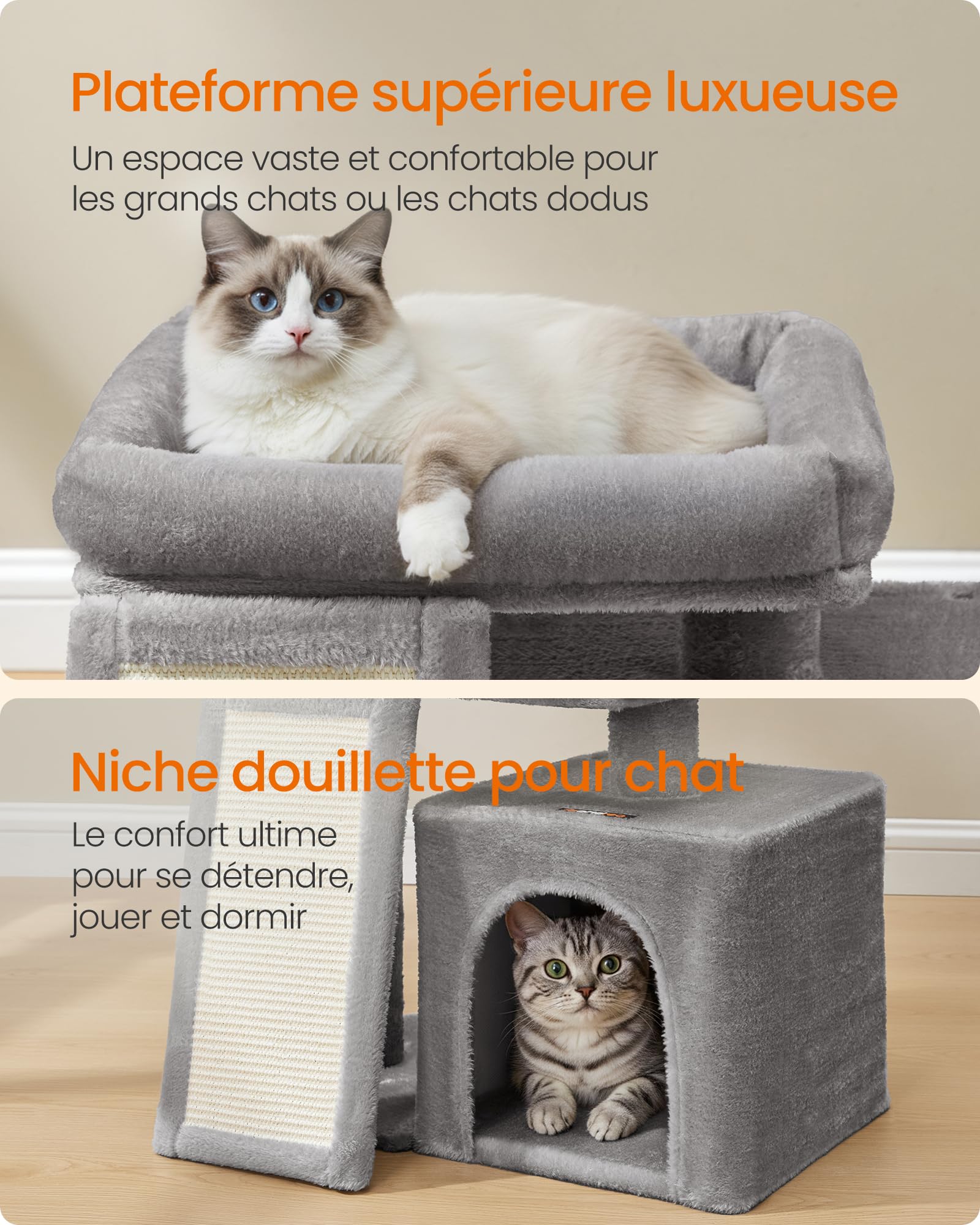 Feandrea Arbre à Chat, Tour de Jeu pour Chats, Condo avec Rampe à Griffer, Grande Plateforme Supérieure, Niche, Hauteur 44,6 cm, Gris Tourterelle PCT010GD01