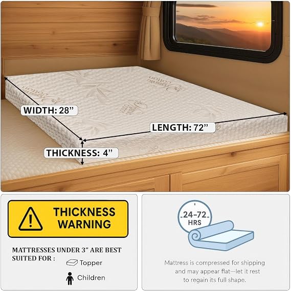 Foamma 4 x 28 x 72 Medium Firm with Gel Memory Foam (Organic Cotton Cover), Mattress Replacement for RV Bunk, Camper, Truck & Travel Trailer, Back Support, CertiPUR-US Certified, Made in USA