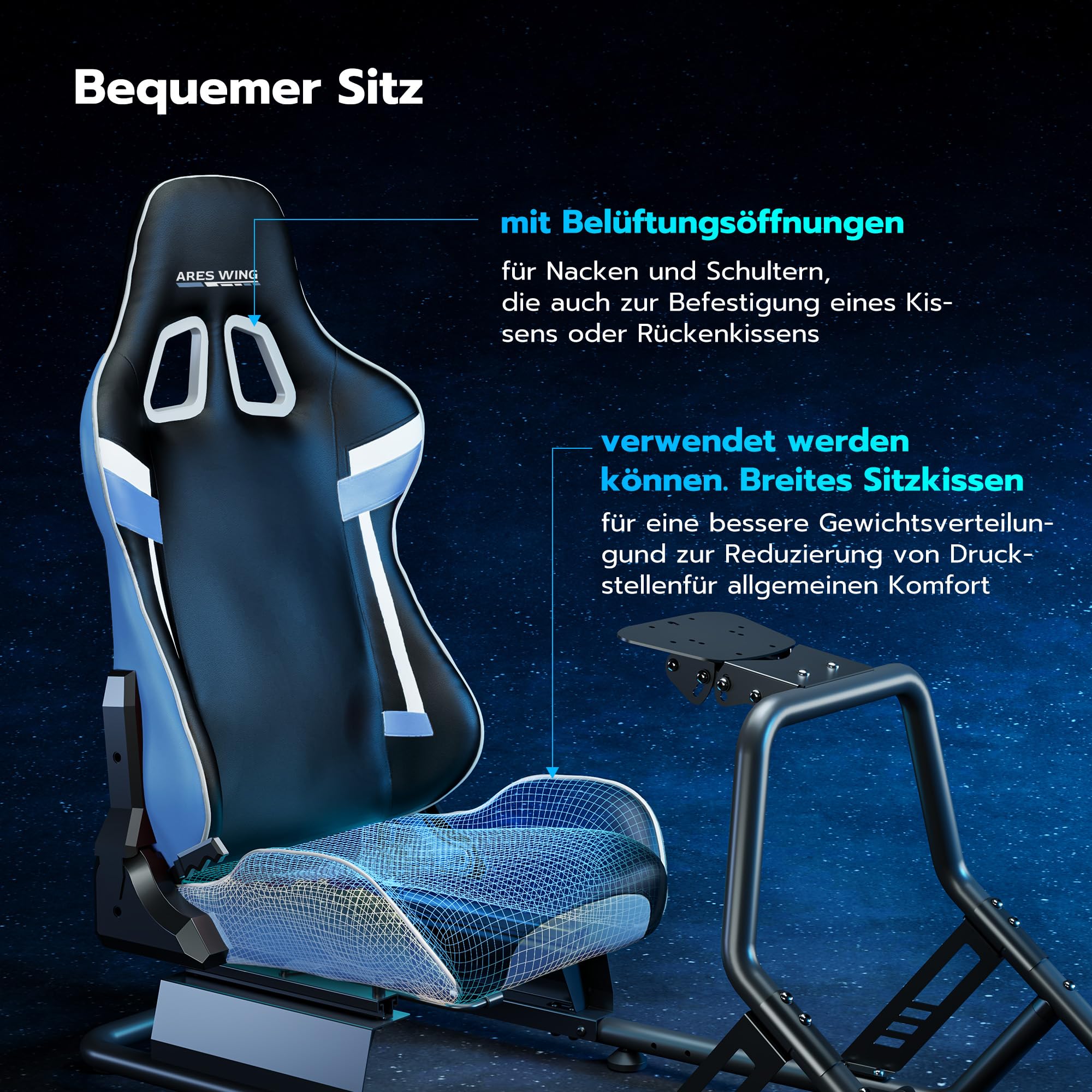 ARES WING Racing Simulator Cockpit mit Sitz, Blau | SIM Racing Cockpit Kompatibel mit Fanatec, Thrustmaster, Moza Racing Games Kompatibel mit PS, Xbox und PC