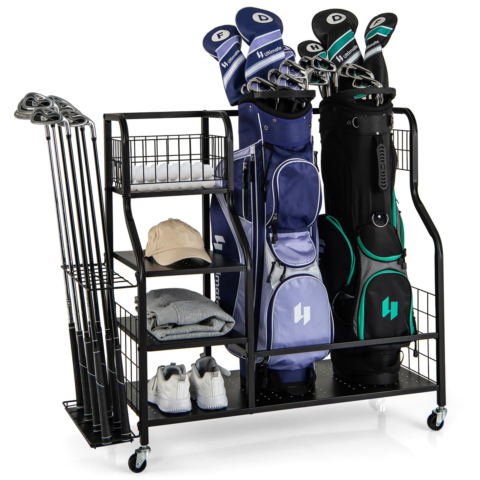 GYMAX Organizzatore per Borsa da Golf, Stand per Borse da Golf con Ripiano a 3 Livelli, Cestino Superiore, Organizzatore per 14 Mazze, 2 Ganci per Asciugamani Rimovibili e 4 Ganci Laterali