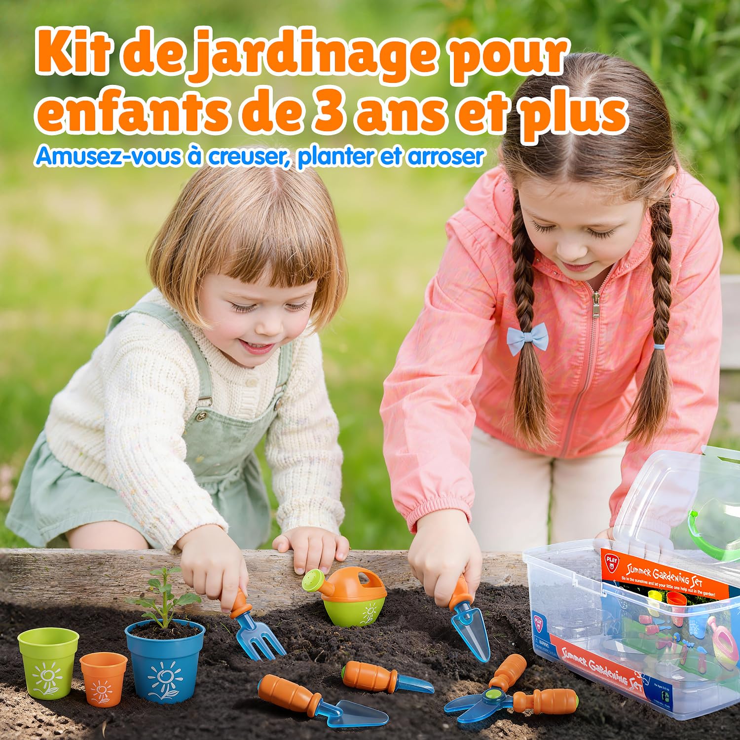 Play Ensemble d'outils de Jardinage pour Enfants avec Pelle, Fourche, Ciseaux, Pot de Fleurs, arrosoir, étiquette et boîte de Rangement, kit de Jardinage pour Enfants à partir de 3 Ans