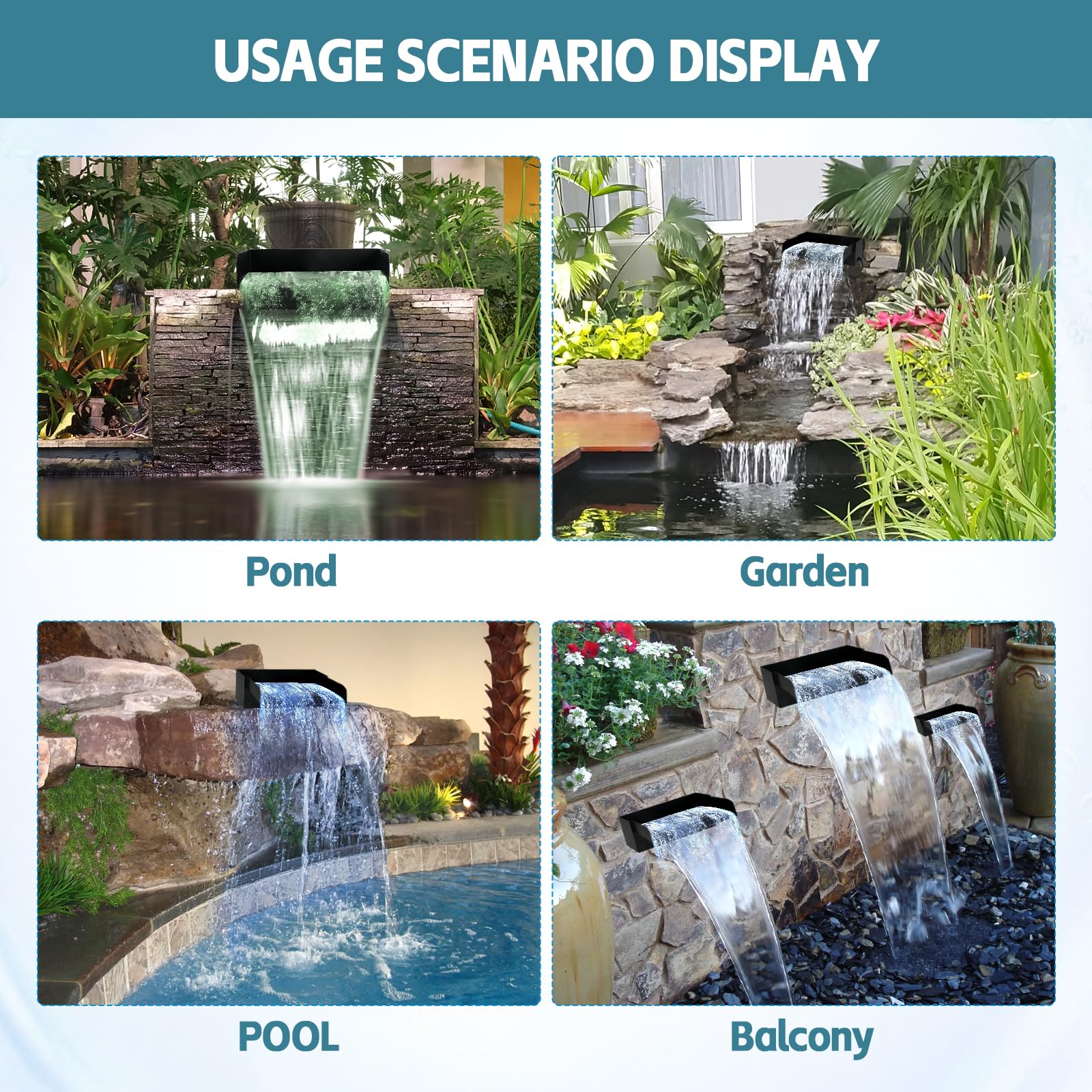 Kit de filtro de cascada para estanque con bomba de 45 W 3000 L/H, cascada de jardín de acero inoxidable de 30 cm con luz LED colorida, juego de vertedero de cascada de estanque, ideal para piscina