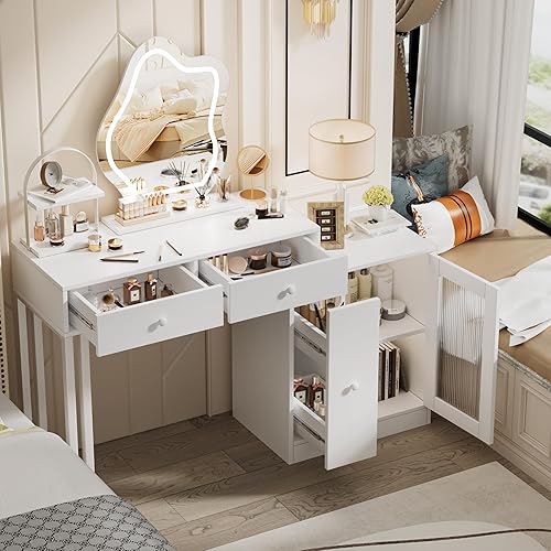 Miniatura 2 de PAKASEPT Escritorio de maquillaje con espejo y luces, mesa de maquillaje con mucho almacenamiento, 3 modos de iluminación, brillo ajustable, tocador