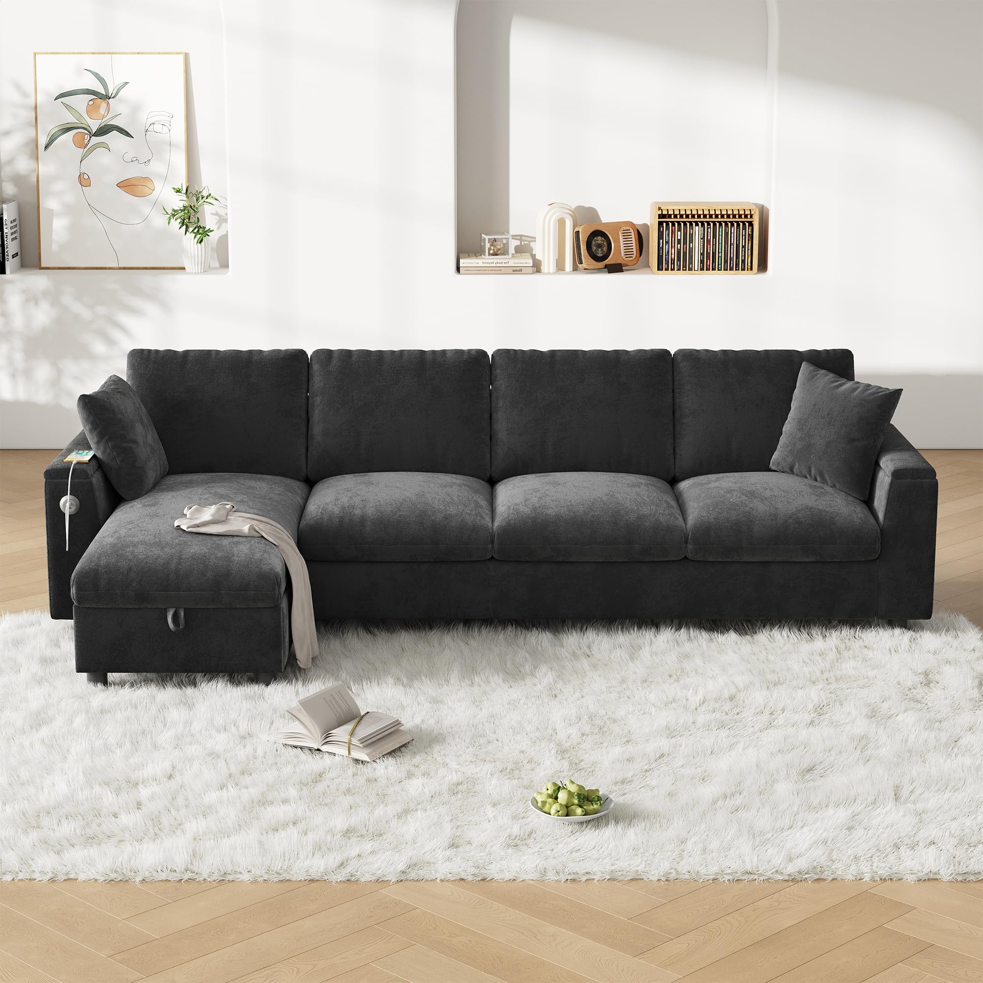 Sofa szenilowa, narożnik w kształcie litery L i dwa podłokietniki z miejscem do przechowywania. Rozkładany stolik kawowy z dwoma uchwytami na napoje, 1 USB i 1 część w kształcie litery C może być