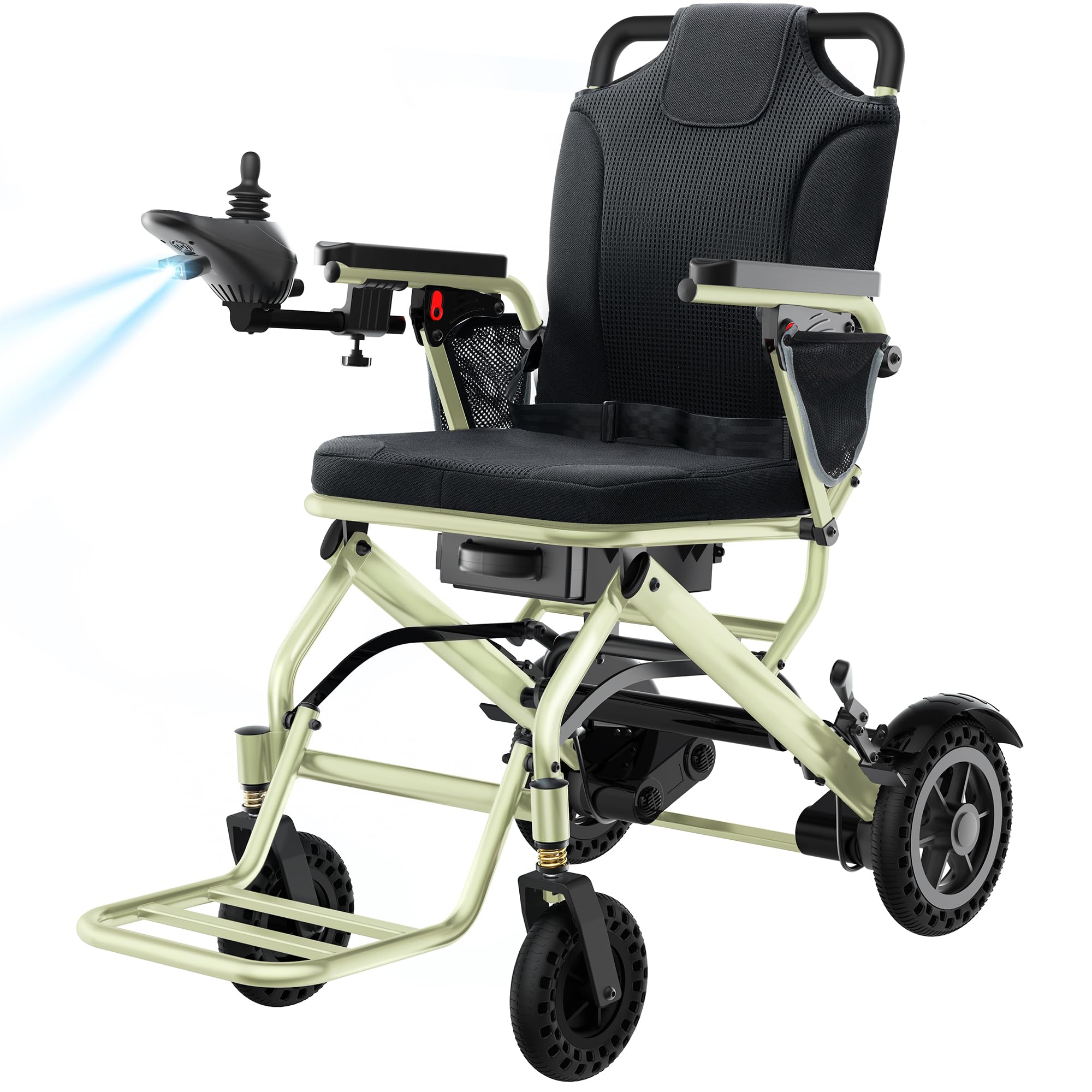 Silla de Ruedas Eléctrica Plegable de 15 kg para Adultos y Personas Mayores, con Autonomía de 24 km y Luz LED; Soporta 150 kg, Motor de 360 W, Silla de Ruedas Motorizada Apta para Viajes en Avión