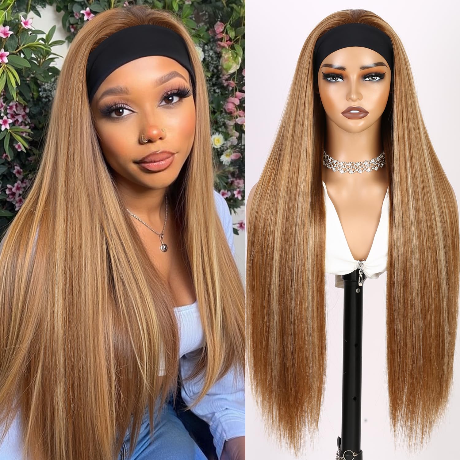 32 Inch Long Straight Headband Wigs for Black Women Honey Blonde Half Wig