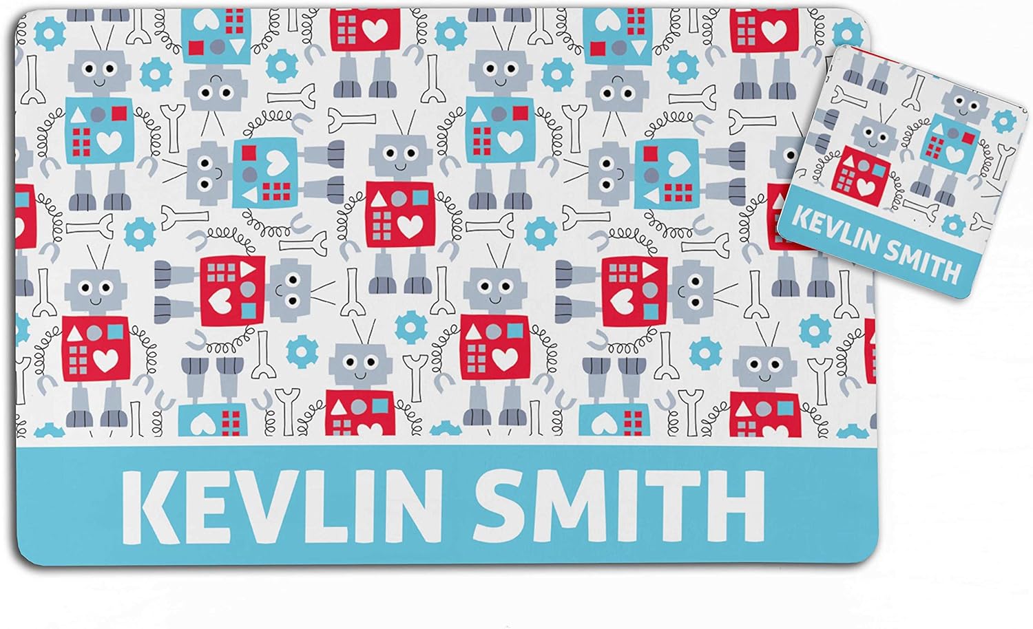 Printtoo Custom Name Placemat & Coaster Set for Kids - Robot Design Personalized Table Mat for Boys | Wipe-Clean, Durable, Cute Mealtime Gift