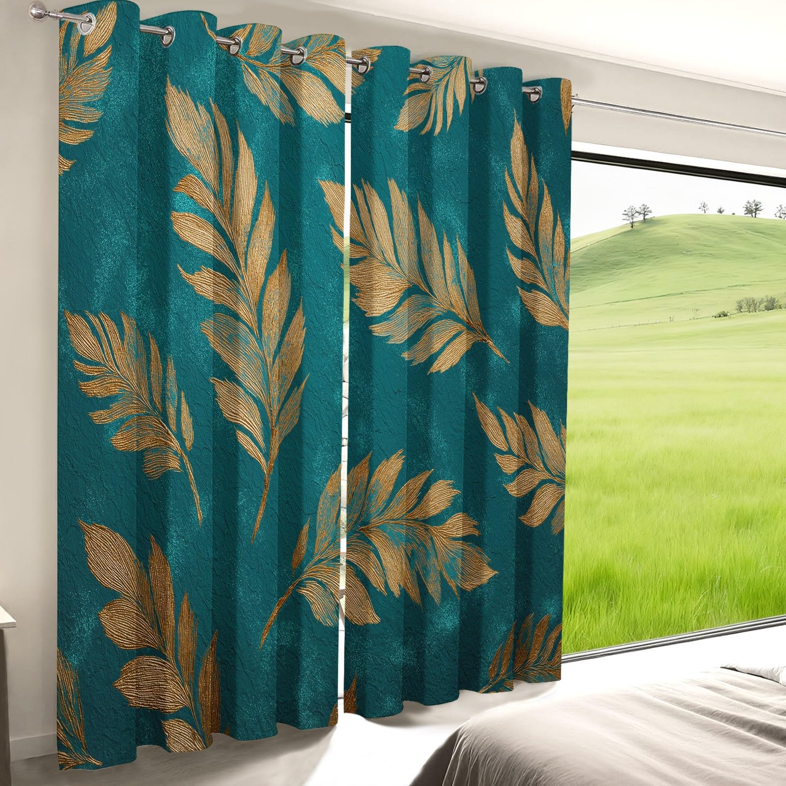 Rideaux Occultant 140L X 260H cm Lot de 2 avec Oeillets, Bleu-Vert Rideau Salon Chambre Cuisine Moderne Luxueux Décoratif Plume Rideau Thermique Isolant Anti Froid et Chaleur pour Garçon et Fille