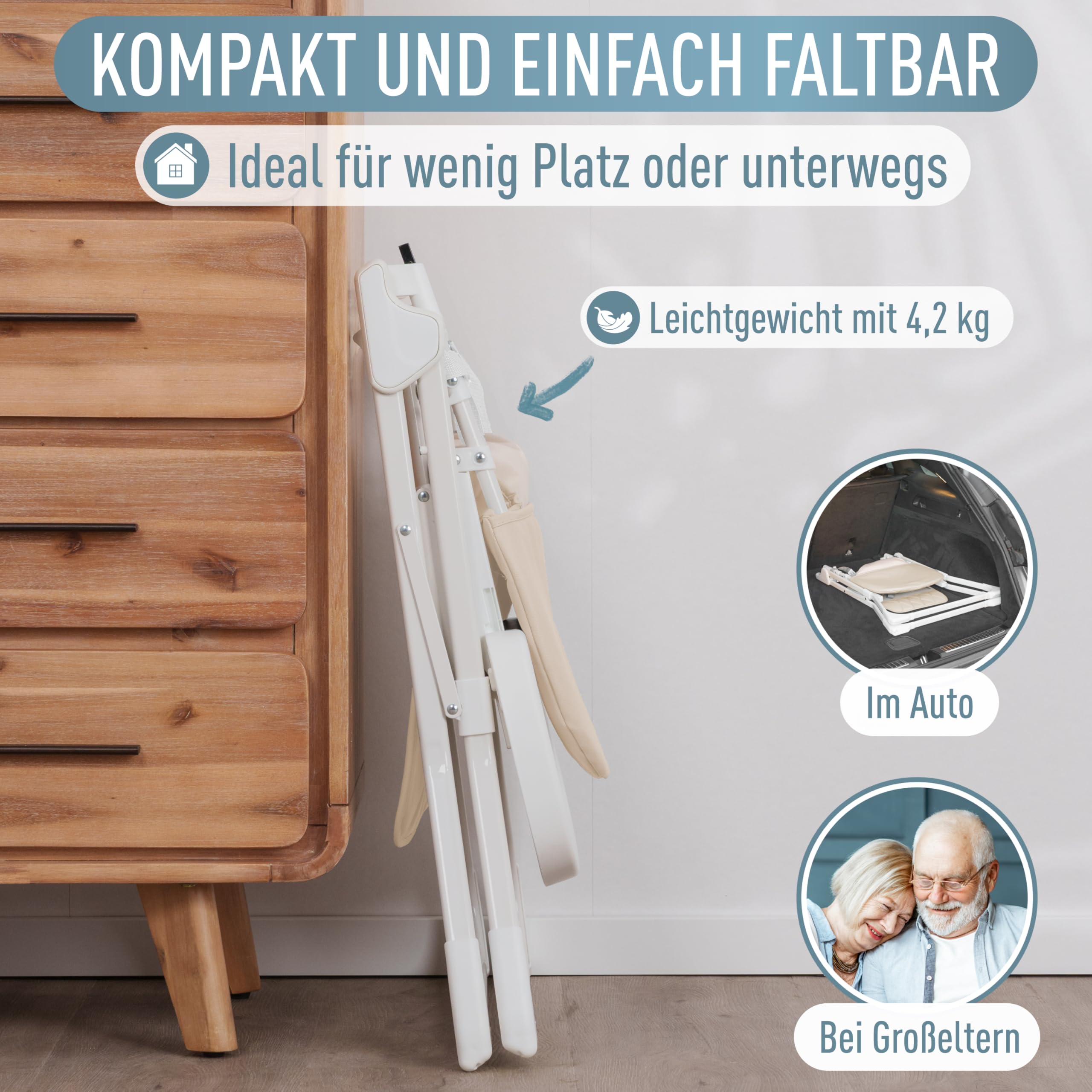 IB STYLE Baby Hochstuhl Leno - Kinderhochstuhl Klappbar & Platzsparend, Mitwachsend mit Tablett & Fußstütze, 5-Punkt-Gurt, Weiche Polsterung, Abwischbar, ab 6 Monate bis 3 Jahre (15kg), Sand