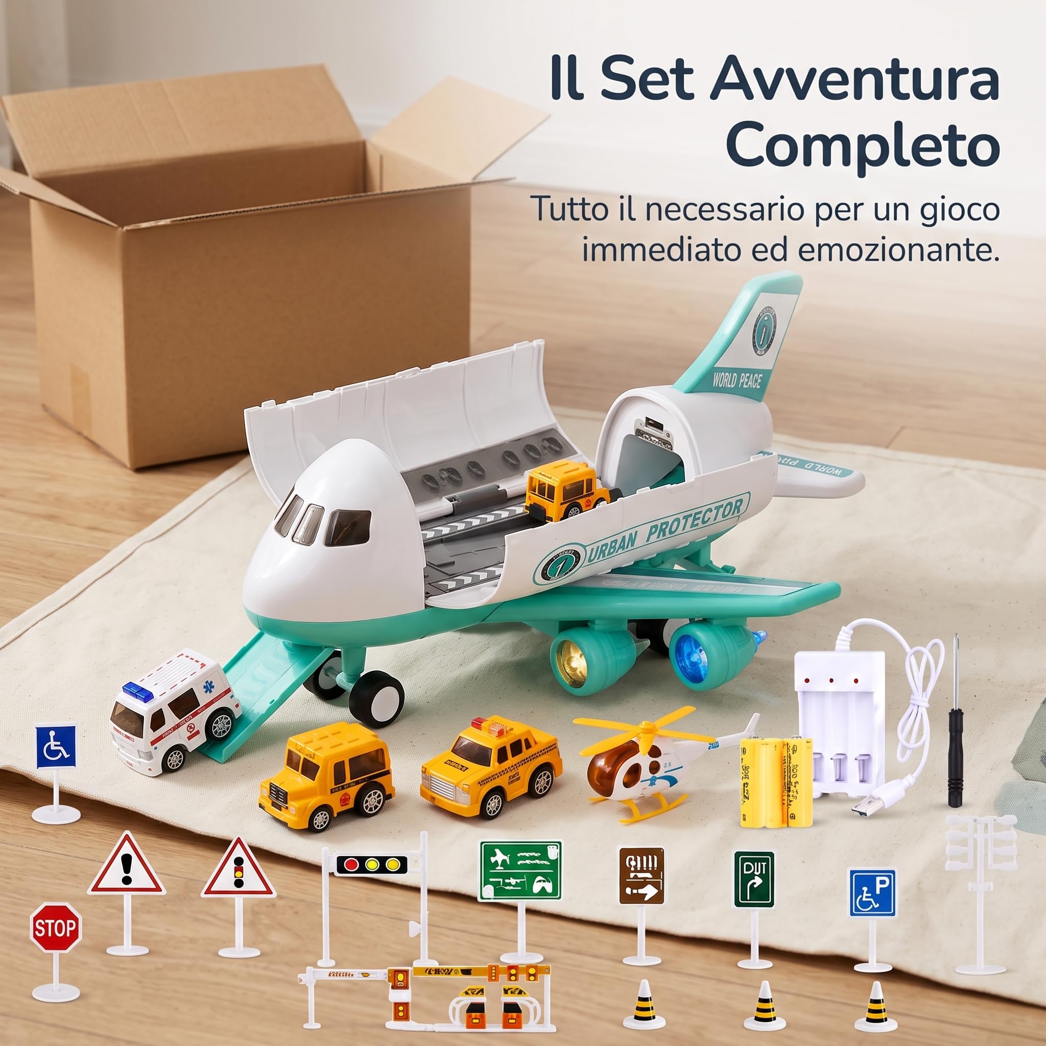 Aereo Giocattolo per Bambini con Veicoli e Suoni, Gioco a Inerzia Ricaricabile, aereo polistirolo per bambini