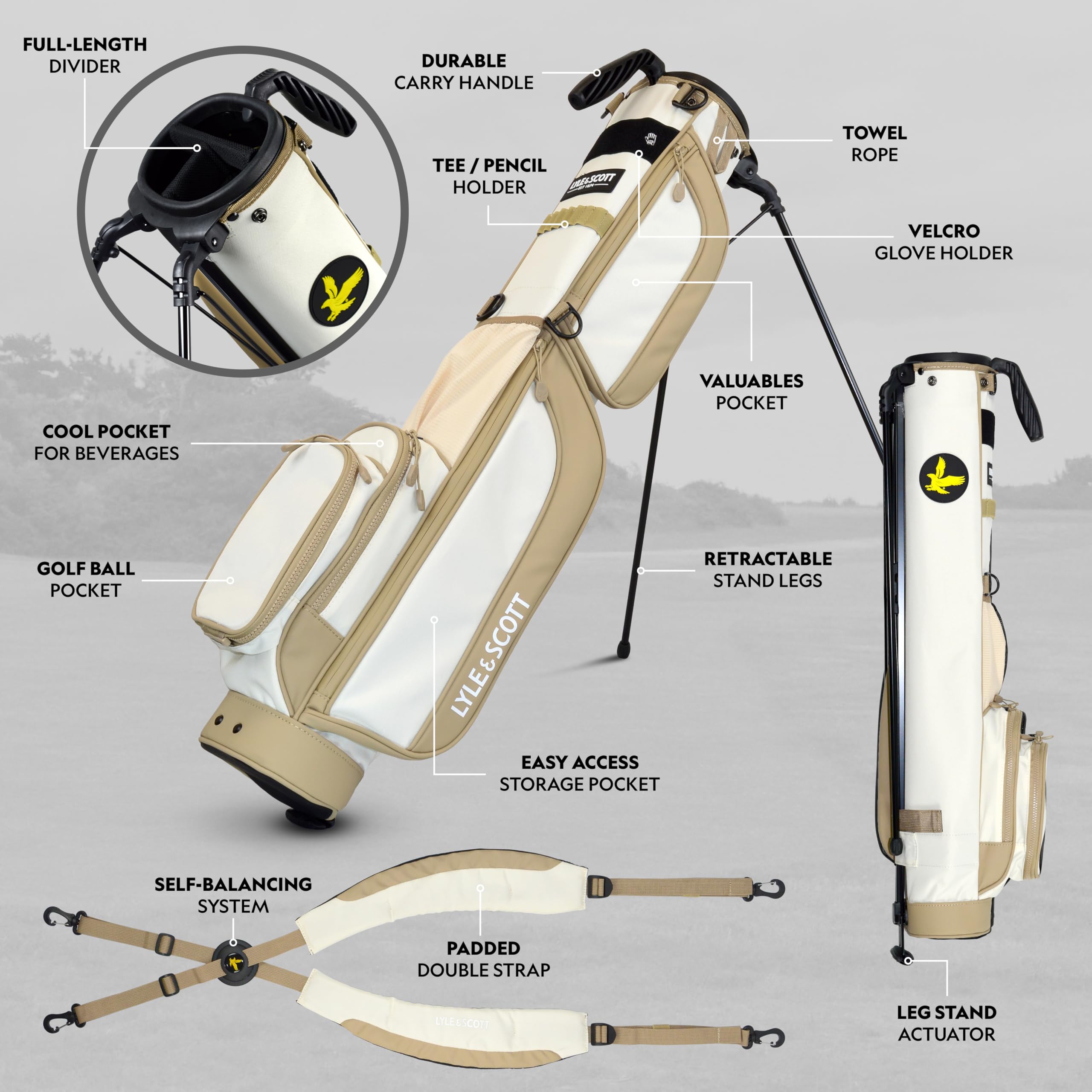 Lyle and Scott Gleneagle Golf Bag - Lightweight Golf Bags for Men with 3 Way Full Length Divider, Insulated Cool Pocket, Durable Handle, Retractable Stand, Padded Strap - Golf Stand Bag