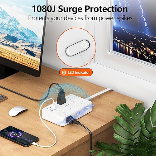 Miniatura 4 de Cable de extensión plano de 15 pies, 10 salidas de CA y 4 puertos USB (3.4A 17W), 1080J, estación de carga de escritorio para montaje en pared con